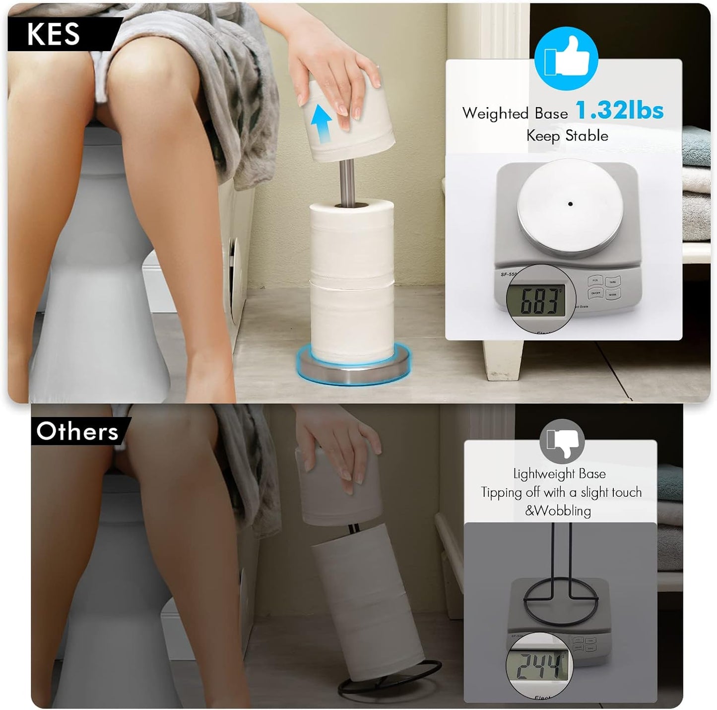 KES Toilet Paper Storage Stand, Holds 3 Rolls, Brushed Stainless Steel | Heavy Base Prevents Tipping, Rustproof SUS304