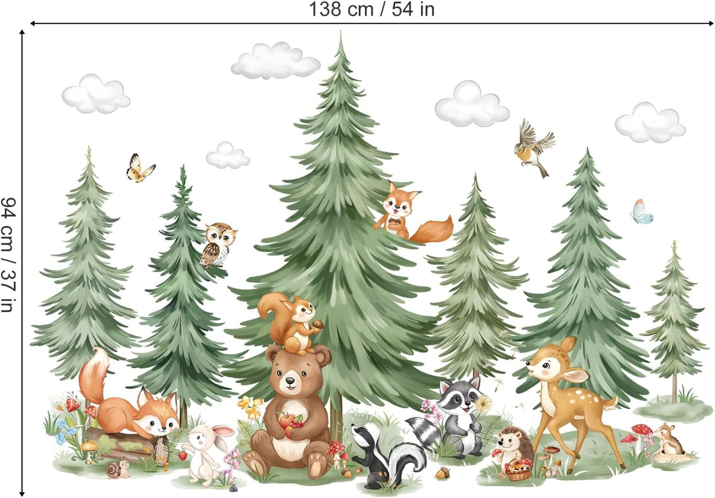 Mountain Tree Woodland Wall Decals Large Pine Tree Forest Animal Bear Deer Fox Wall Stickers Kids