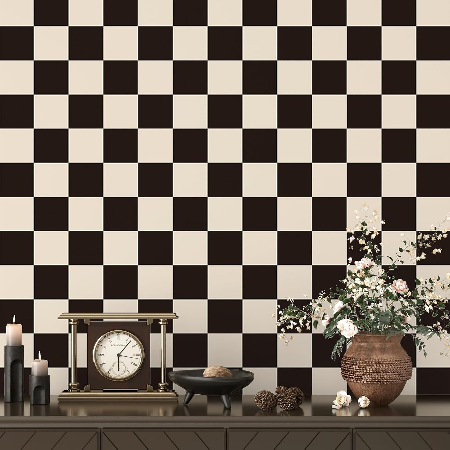 Vintage Black and Beige Checkered Wallpaper Peel and Stick Checkered / Black Beige / 17.5 x 118