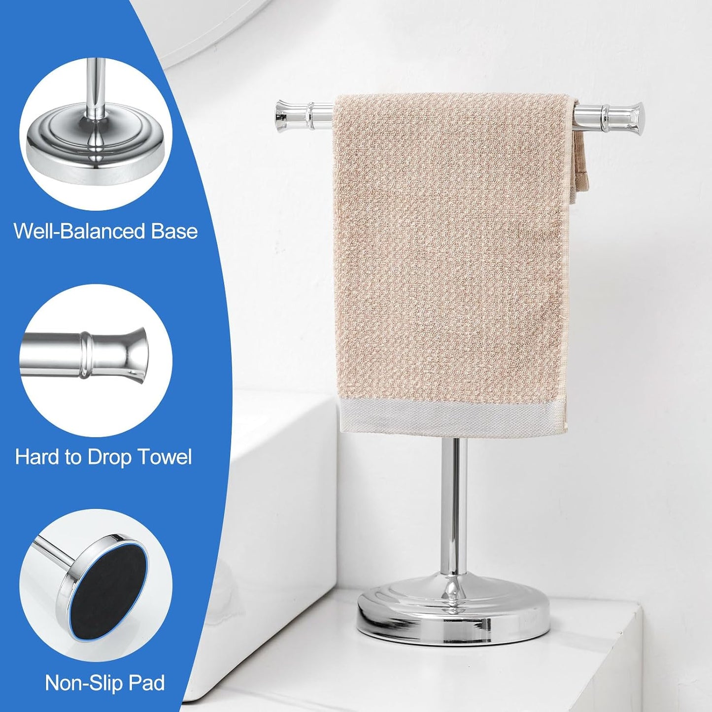 RUMOSE Polished Chrome Hand Towel Holder Stand Countertop Towel Rack | 13 Inch Bathroom Kitchen Vanity T-Shape Towel