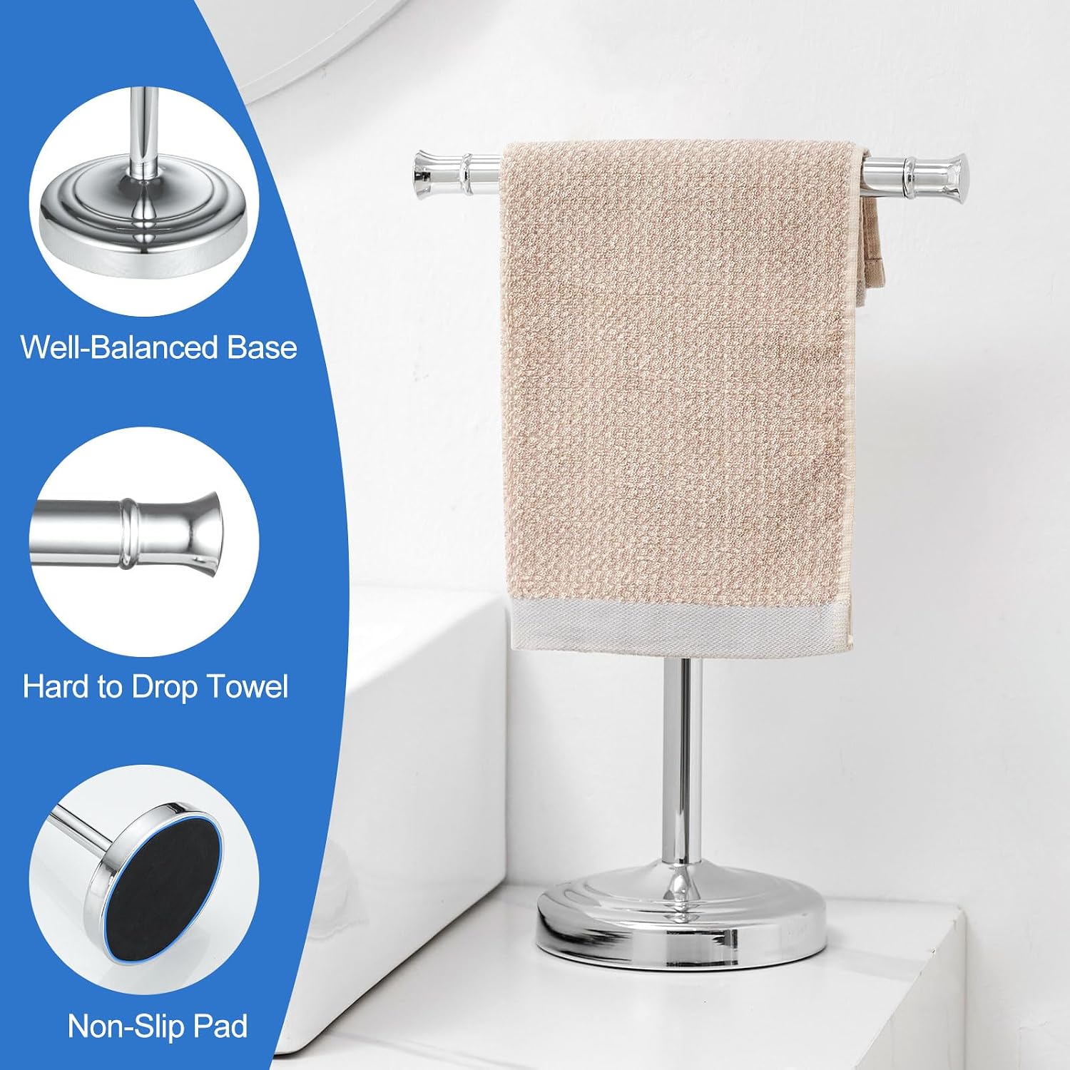 RUMOSE Polished Chrome Hand Towel Holder Stand Countertop Towel Rack | 13 Inch Bathroom Kitchen Vanity T-Shape Towel