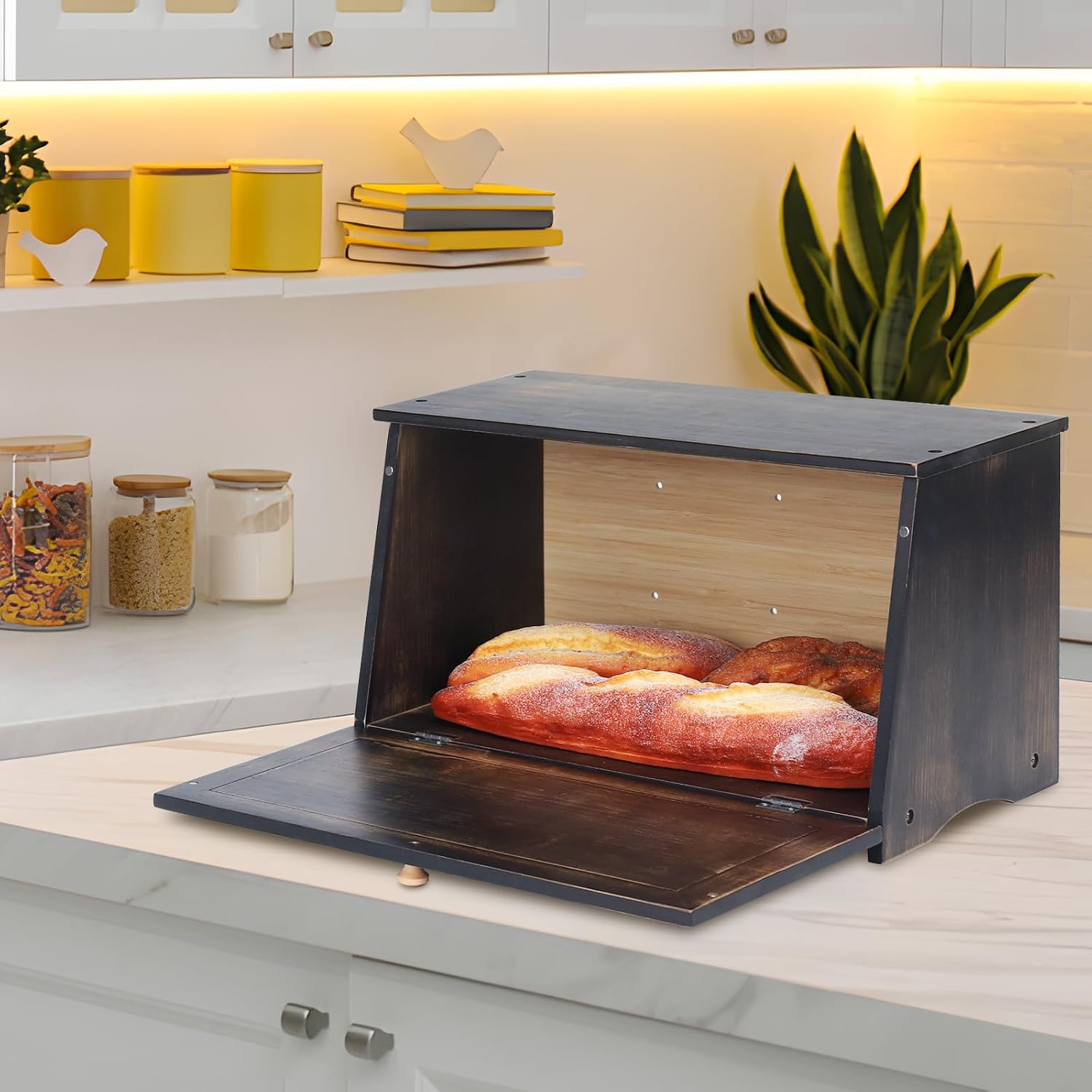 HOMEKOKO Vintage Wood Bread Box for Kitchen Counter,Retro Storage Bin,Black | Retro Farmhouse Style, Holds 2 Loaves