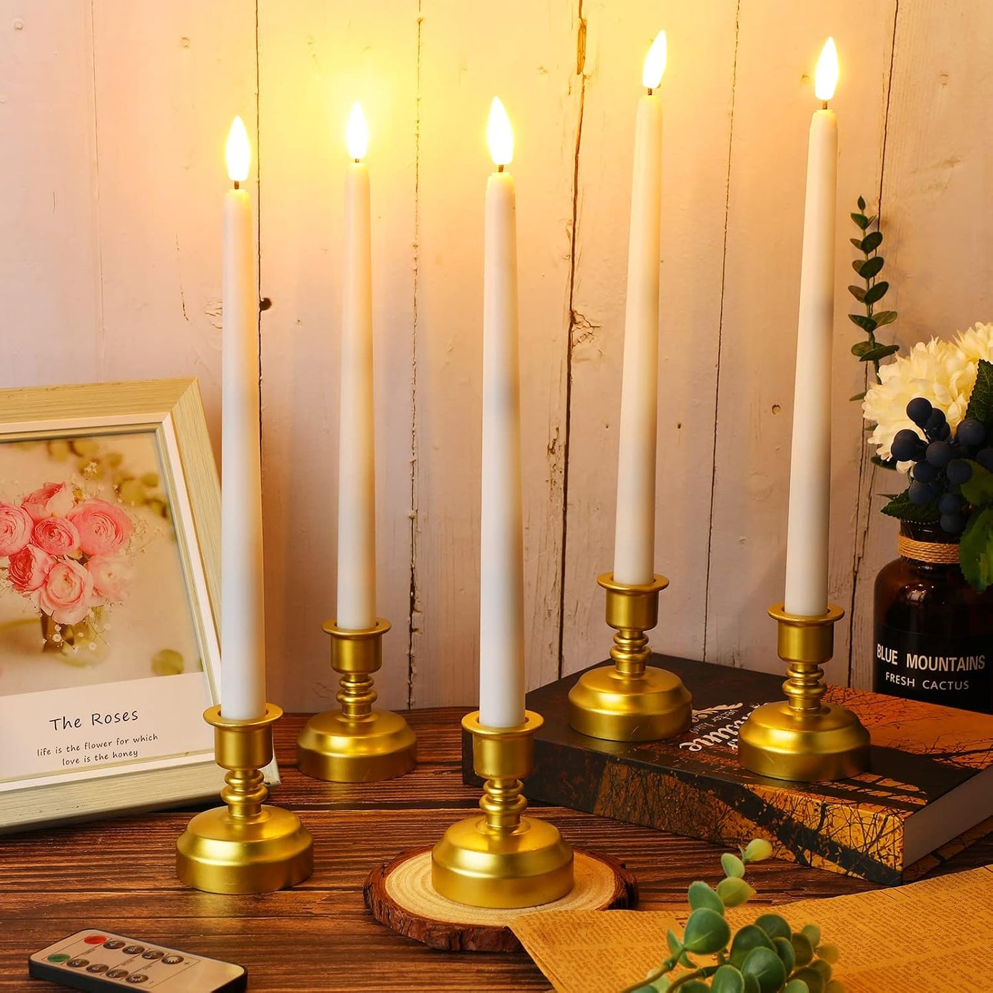 Fumete 24 Pack Flameless Taper Candles with Remote Timer, 3D Flame,White | Realistic Flickering Effect, Golden Base