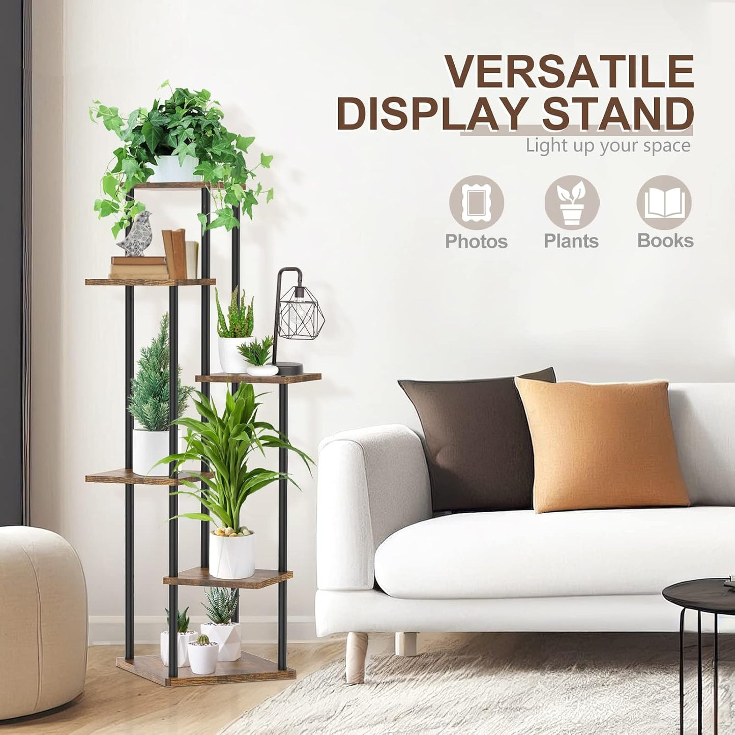 Oppro Plant Stand Indoor Outdoor, 6 Tier Corner Tall Metal Wood Shelf | Muti-Level Planter Holder, Sturdy Large