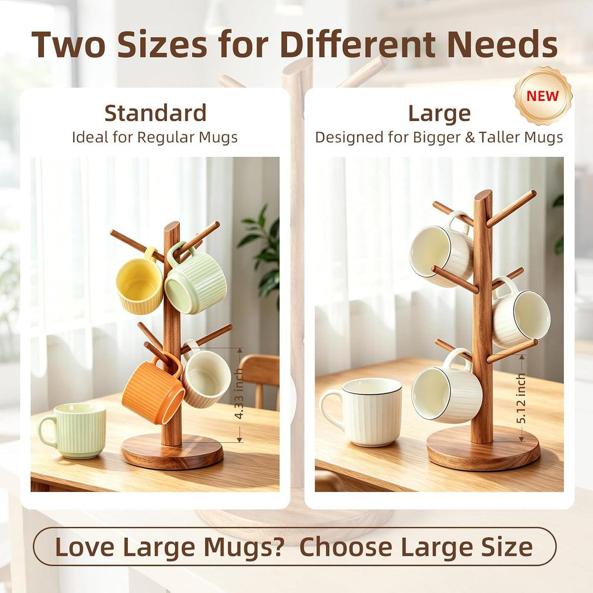 Large Acacia Wood Mug Holder Tree for Countertop | 6-Hook Coffee Mug Rack for Large & Tall Mugs, Wooden Coffee Cup