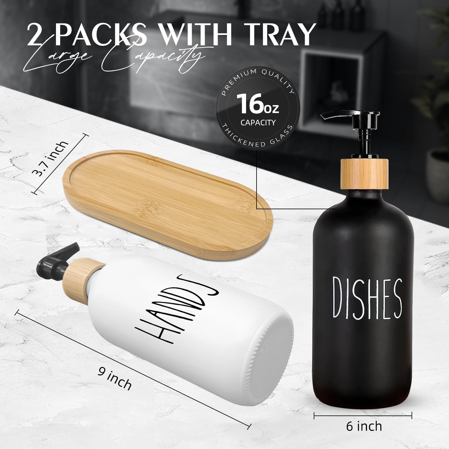 Arktek Glass Soap Dispenser Set with Tray, 2 Pack Hand and Dish Soap Dispenser Set for Bathroom and Kitchen Bottle