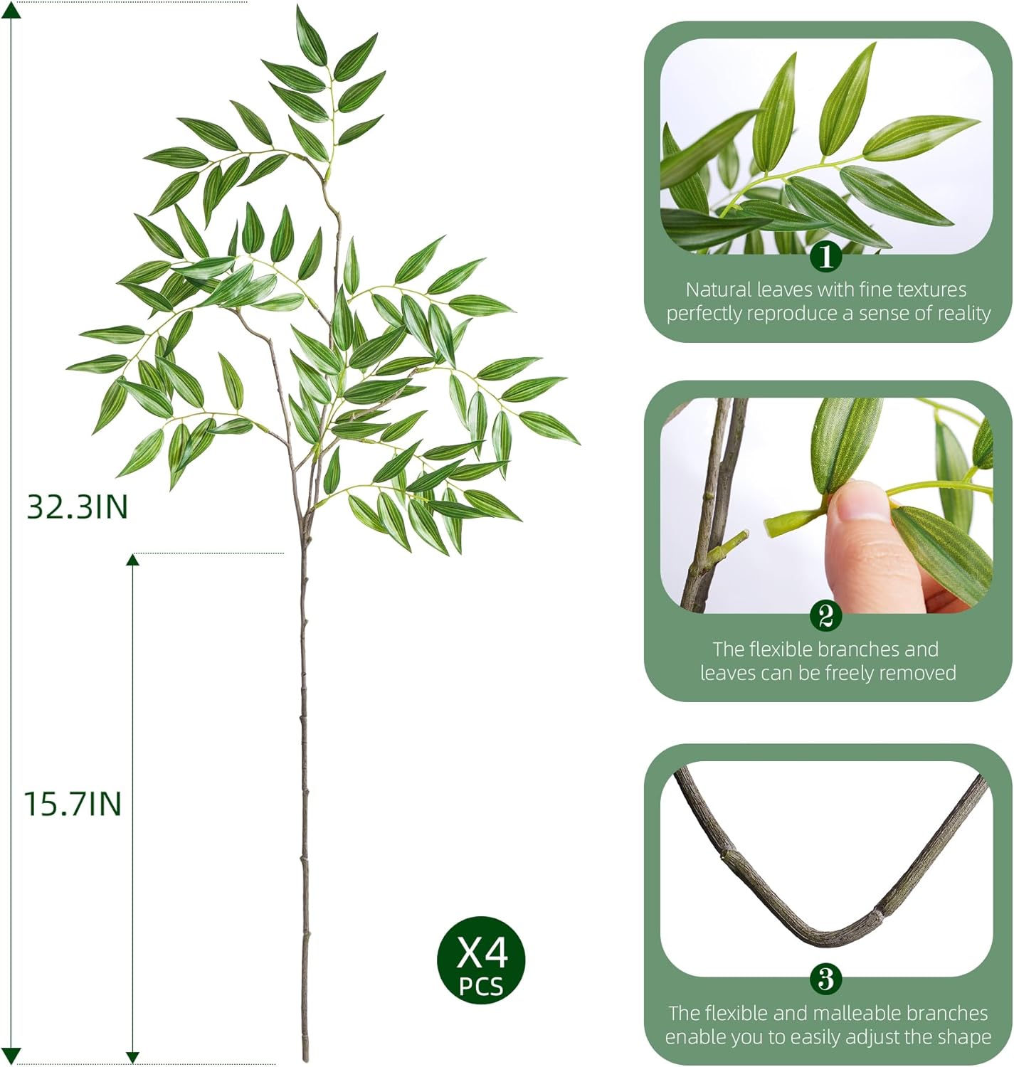 Fake Plants Faux Bamboo Leaves Stems Artificial Greenery Stems Artificial / Green-zyj4 / 32.3 Inch
