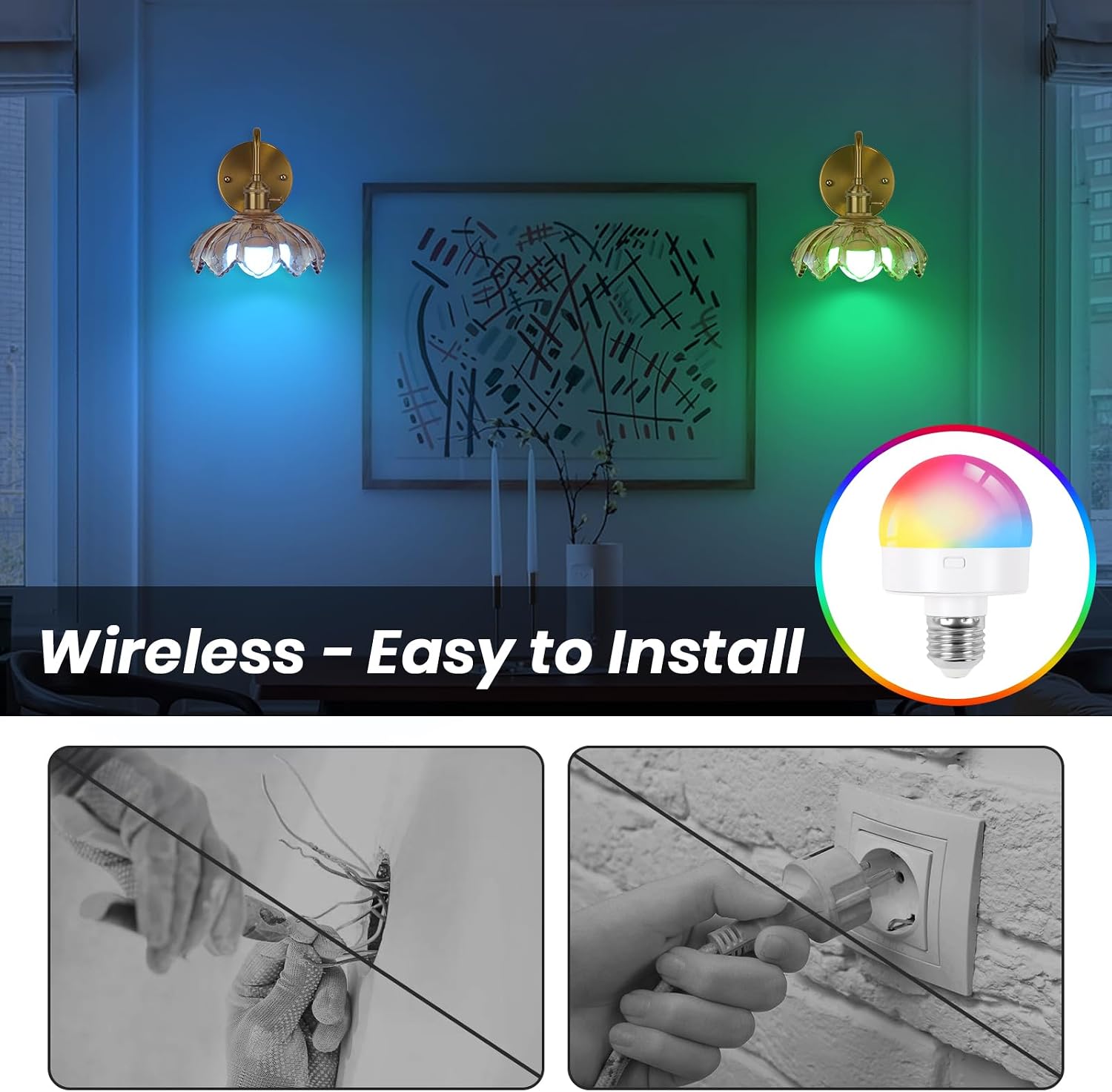Vintage Glass Sconces, Battery Operated Wall Light with Remote, Rechargeable Wall Sconces RGB, No Socket Required, Easy