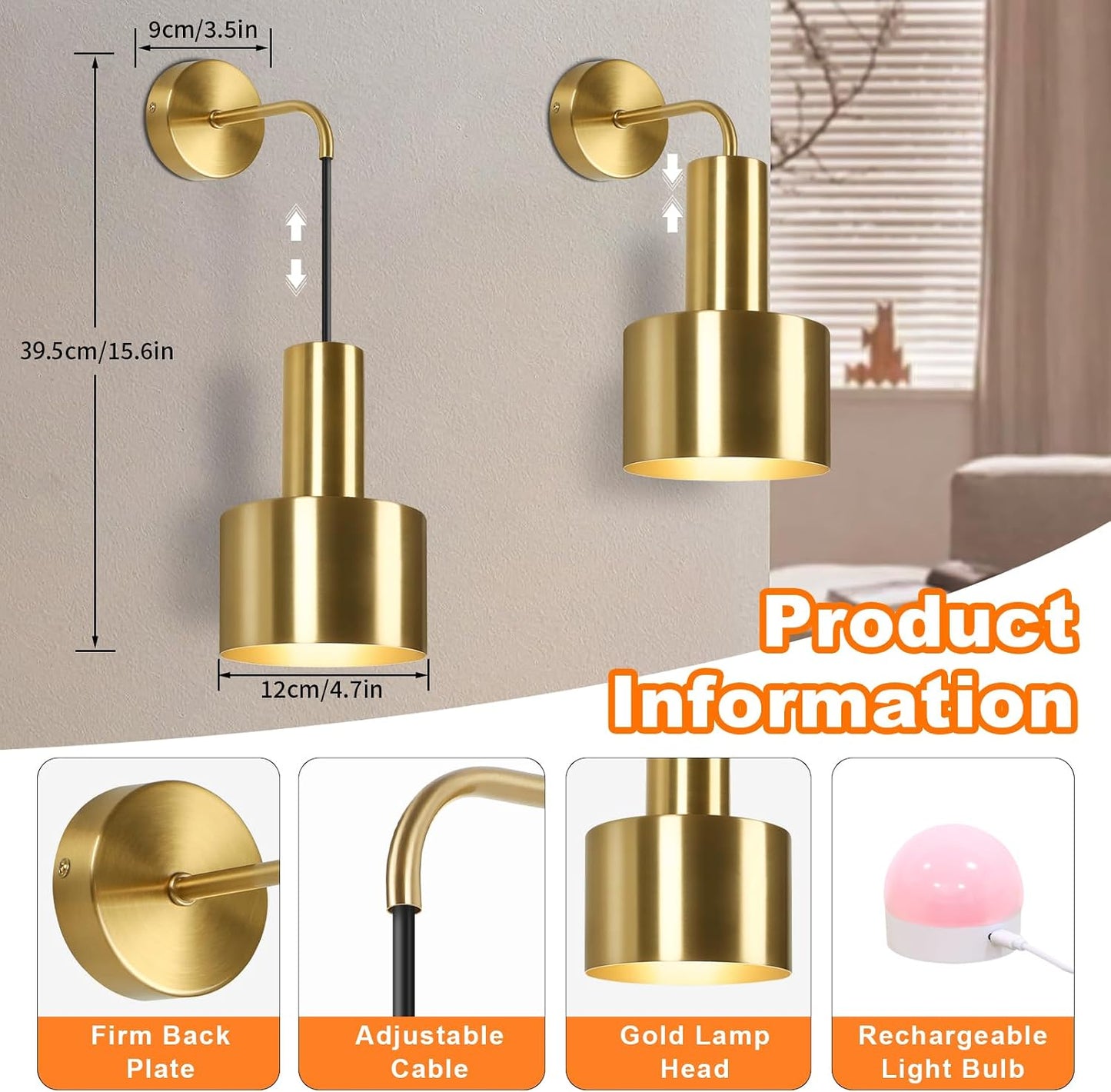VerRon Rechargeable Wireless Battery Operated Wall Sconces Set of Two | Gold Battery Powered Lights with Dimmable