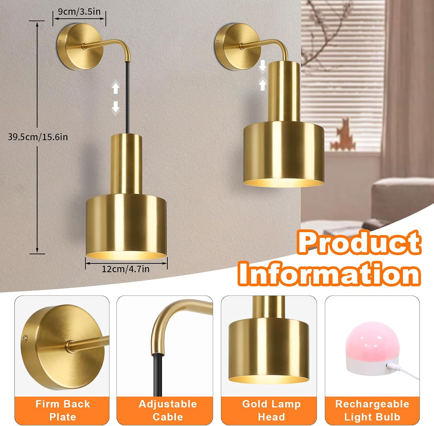 VerRon Rechargeable Wireless Battery Operated Wall Sconces Set of Two | Gold Battery Powered Lights with Dimmable