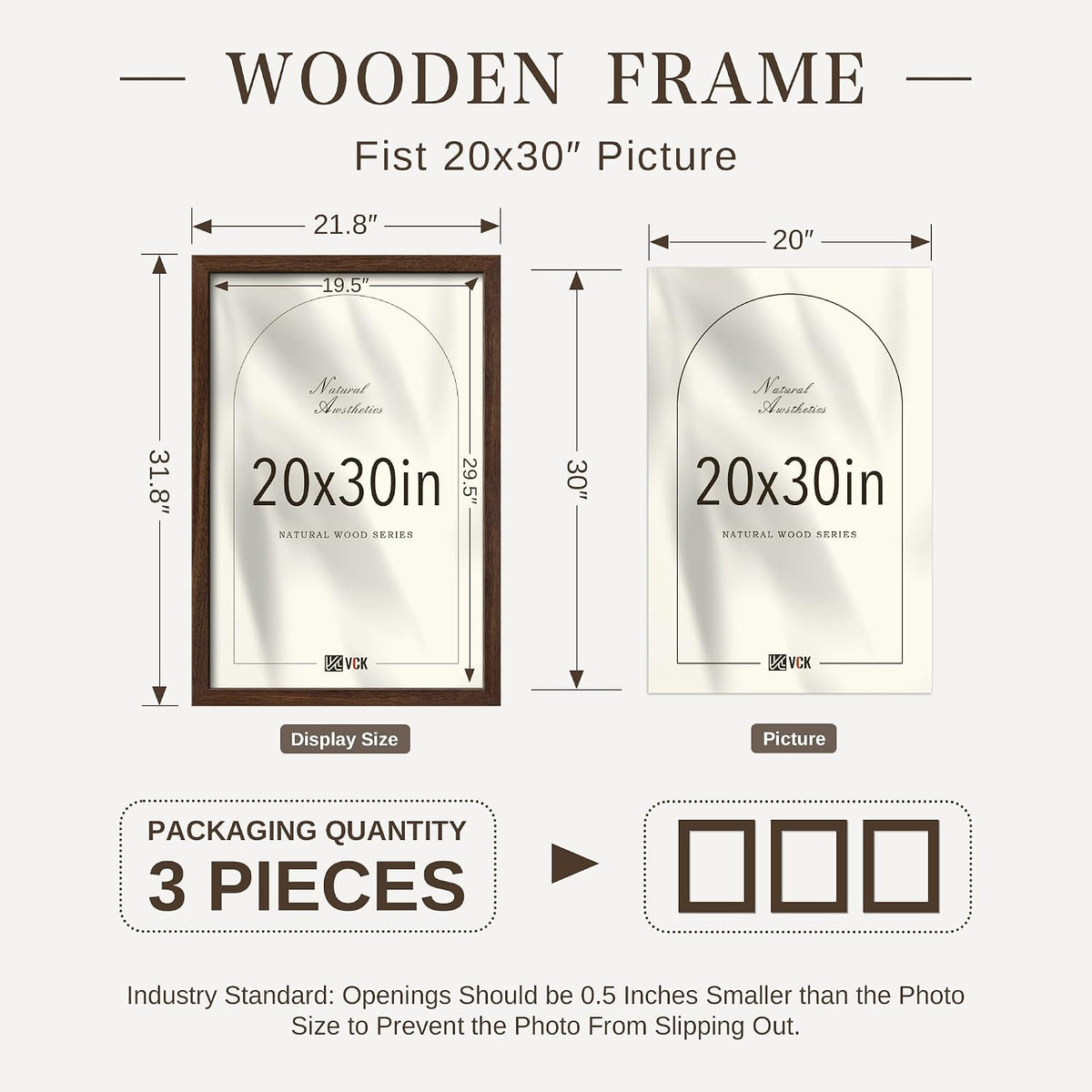 VCK 20x30 Poster Frame Set of 3, Brown Woodgrain, Wall Hanging | Wide Border, Exclusive Woodgrain, Shatterproof