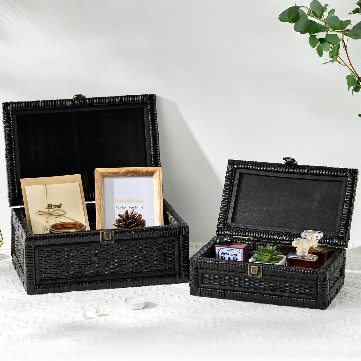 Lid Decorative Natural Handmade Boho Rattan Baskets Woven Wicker Cane Bins Keepsake / Small / Black