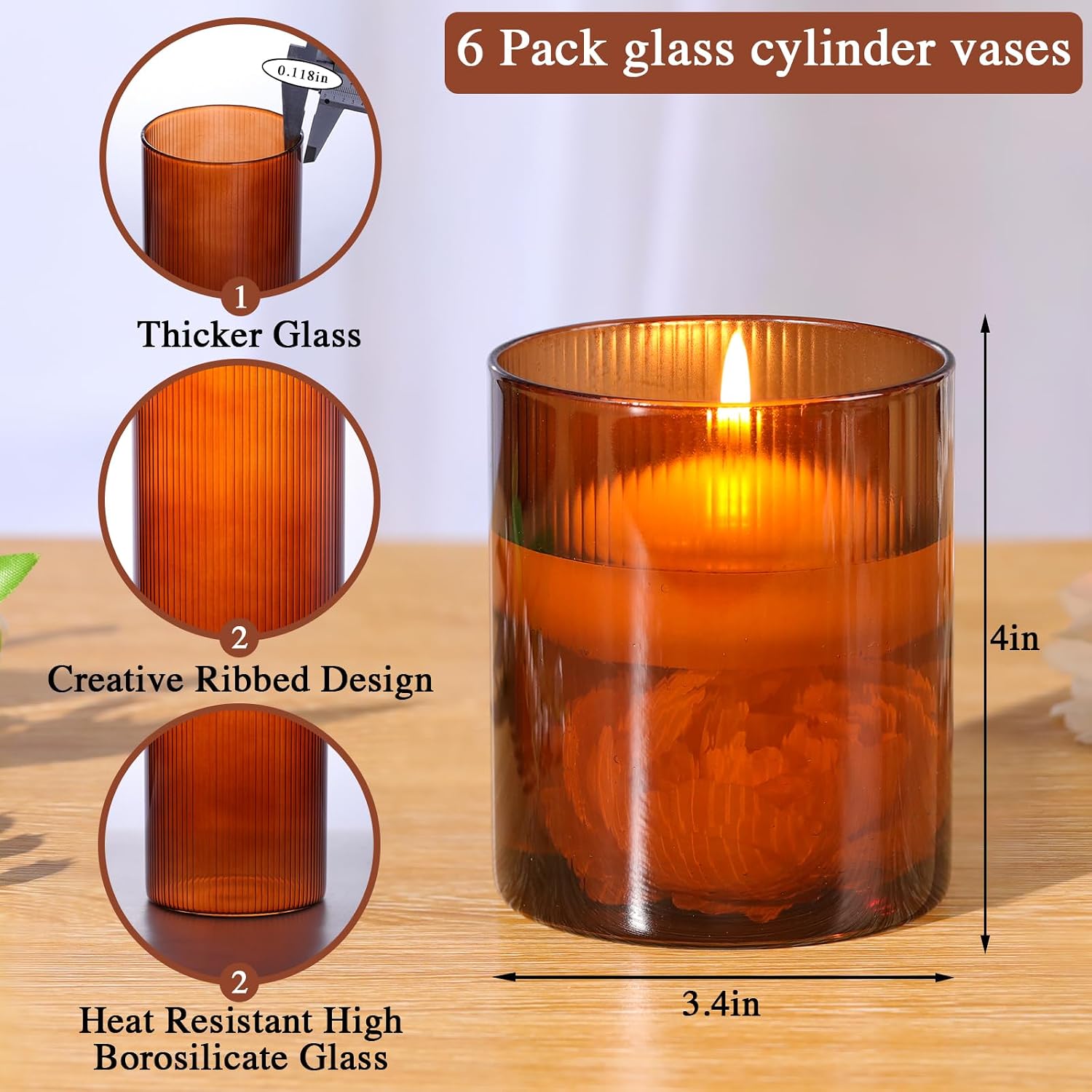 Glass Cylinder Vases for Centerpieces / 4in / Amber / Set of 6