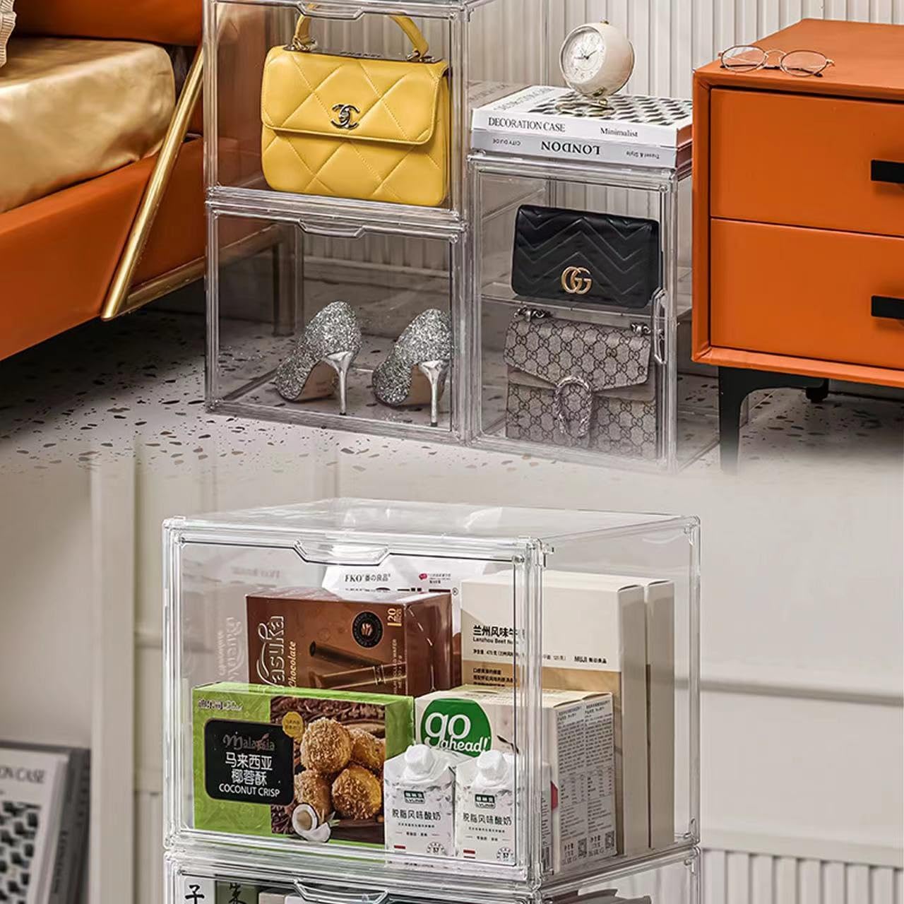 BOHOIDEE 4 Tiers Clear Acrylic Display Case for Closet, Purse Storage Organizers Box, Plastic Storage Bins with 3
