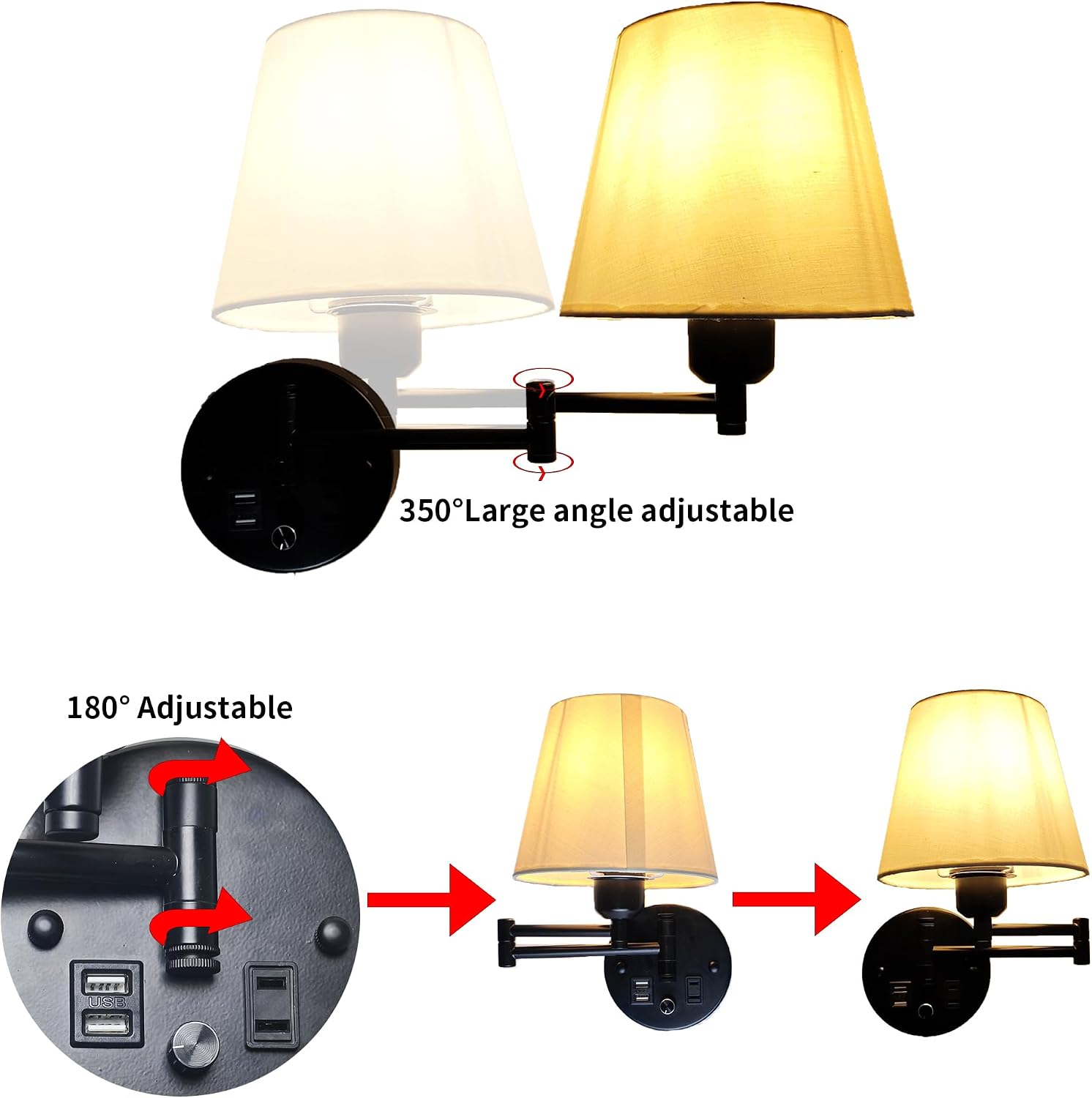 Wall Lamp Plug in with USB and 2 Pin Socket,Wall Mount Lights That Plug in Cord and Switch,Wall Mount Lights for