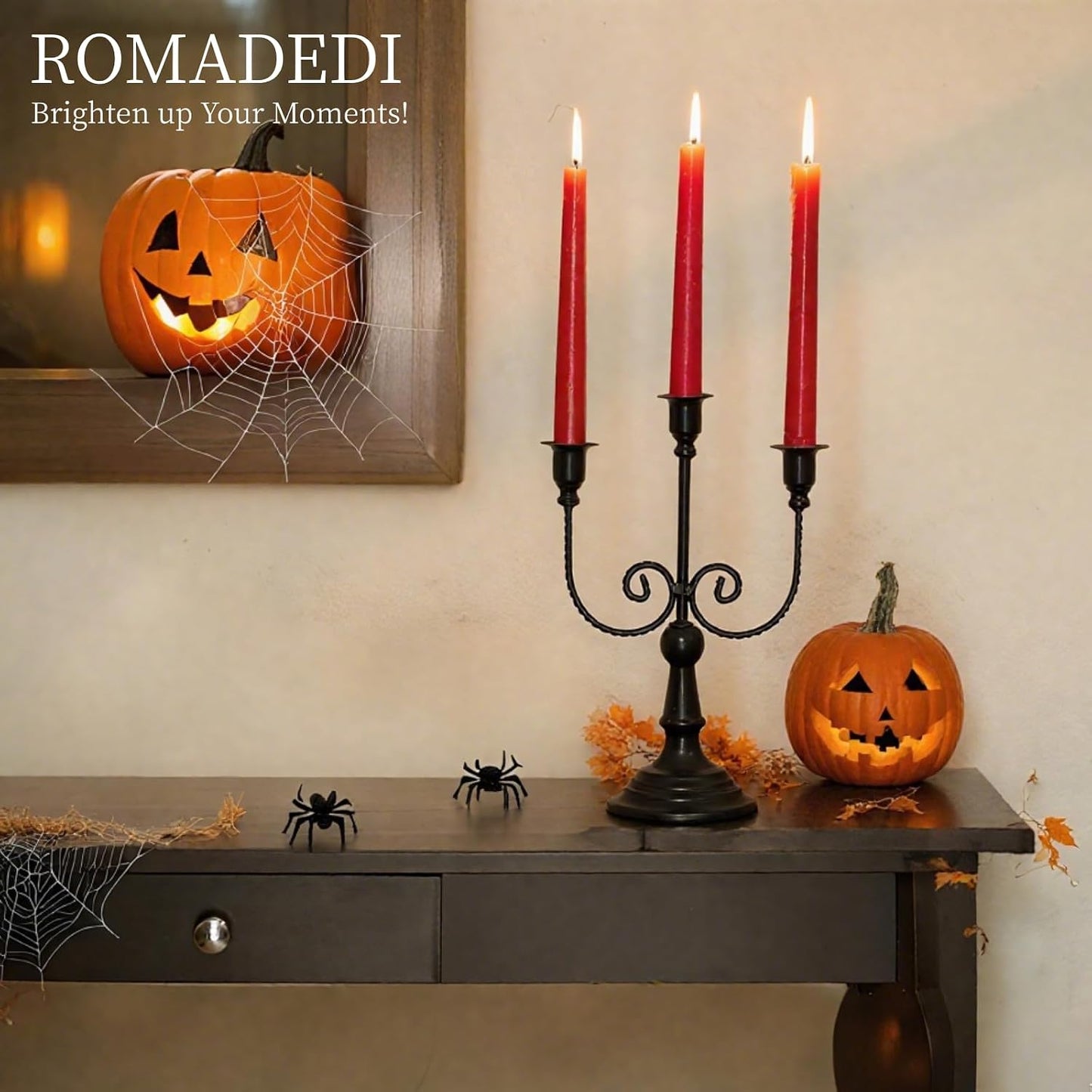 Romadedi Halloween Candelabra, Black 3-Arm Candle Holders, Set of 2 | Metal Taper Candlestick Holder for Mantel, Dining
