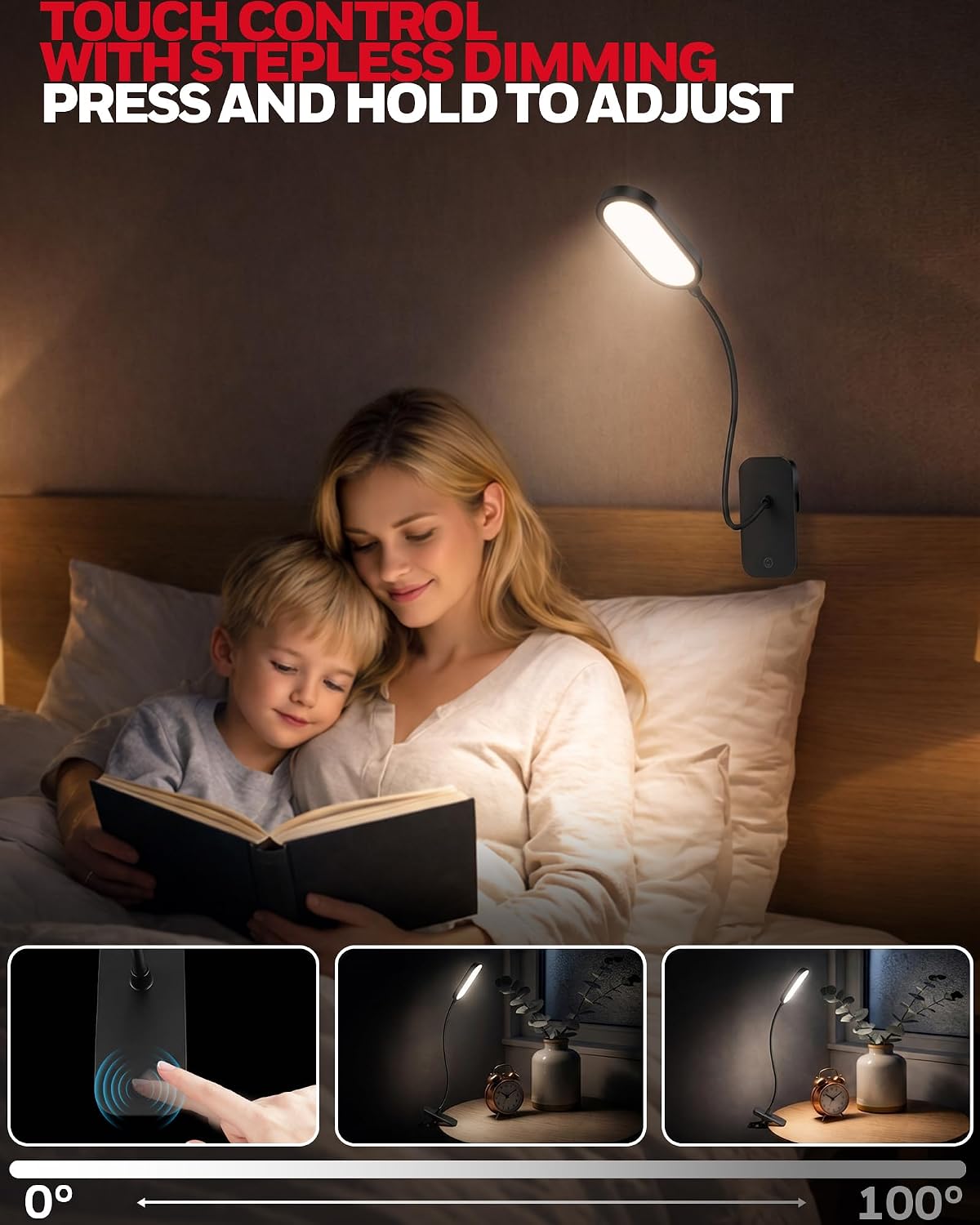 Honeywell Clip On Reading Light, Rechargeable Gooseneck CRI95 4000K Dimming | 2000mAh Battery,Touch Desk Lamp White