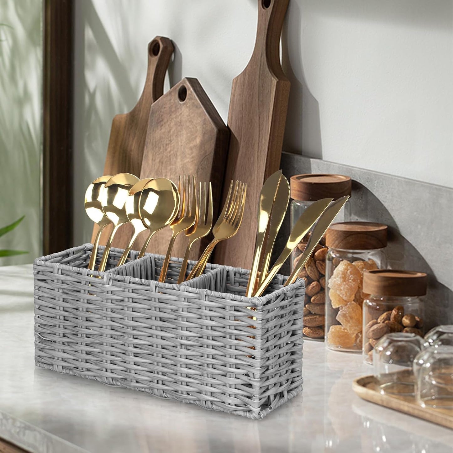 Grey Plastic Cutlery Silverware Holder Small Utensil Organizer Holders / 9.5"lx4"hx3.3"w / Gray