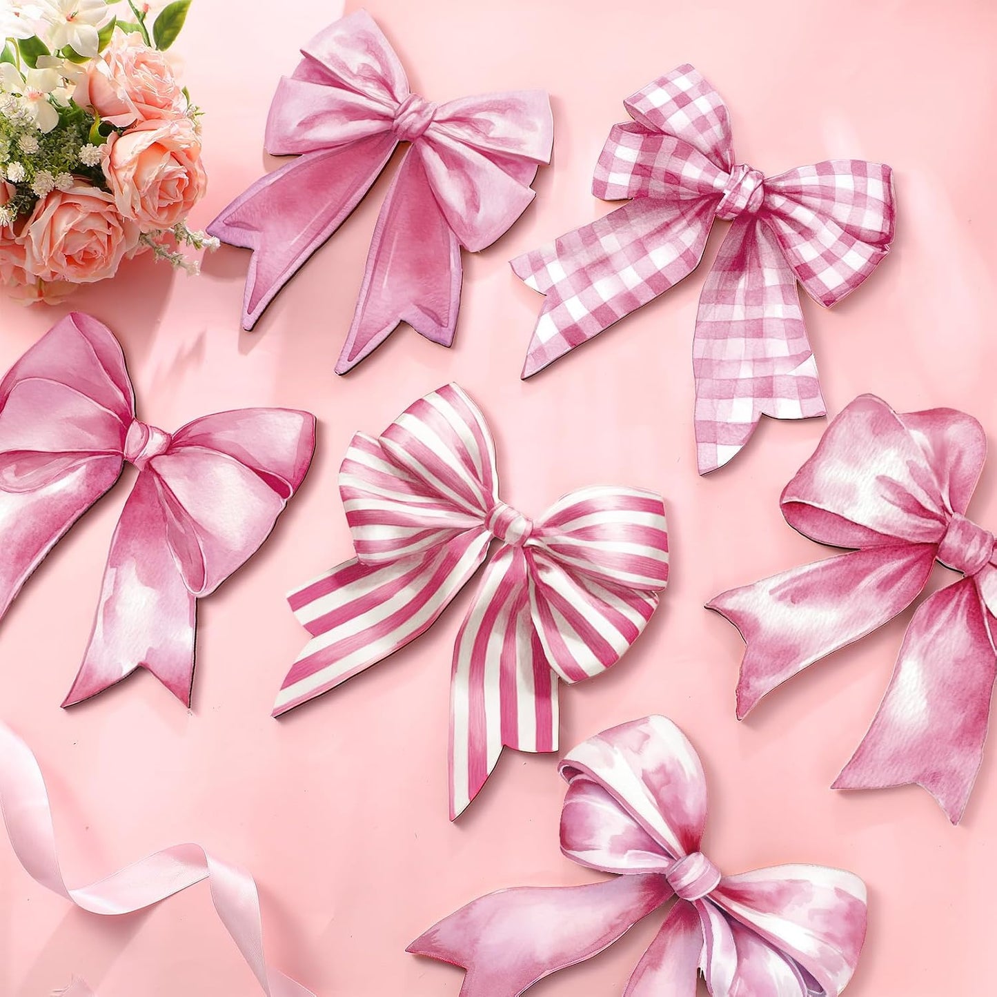 Bow Wall Decor Wooden Bow Wall Art Bowknot Hanging Plaque Signs / Elegant / Pink / Set of 6