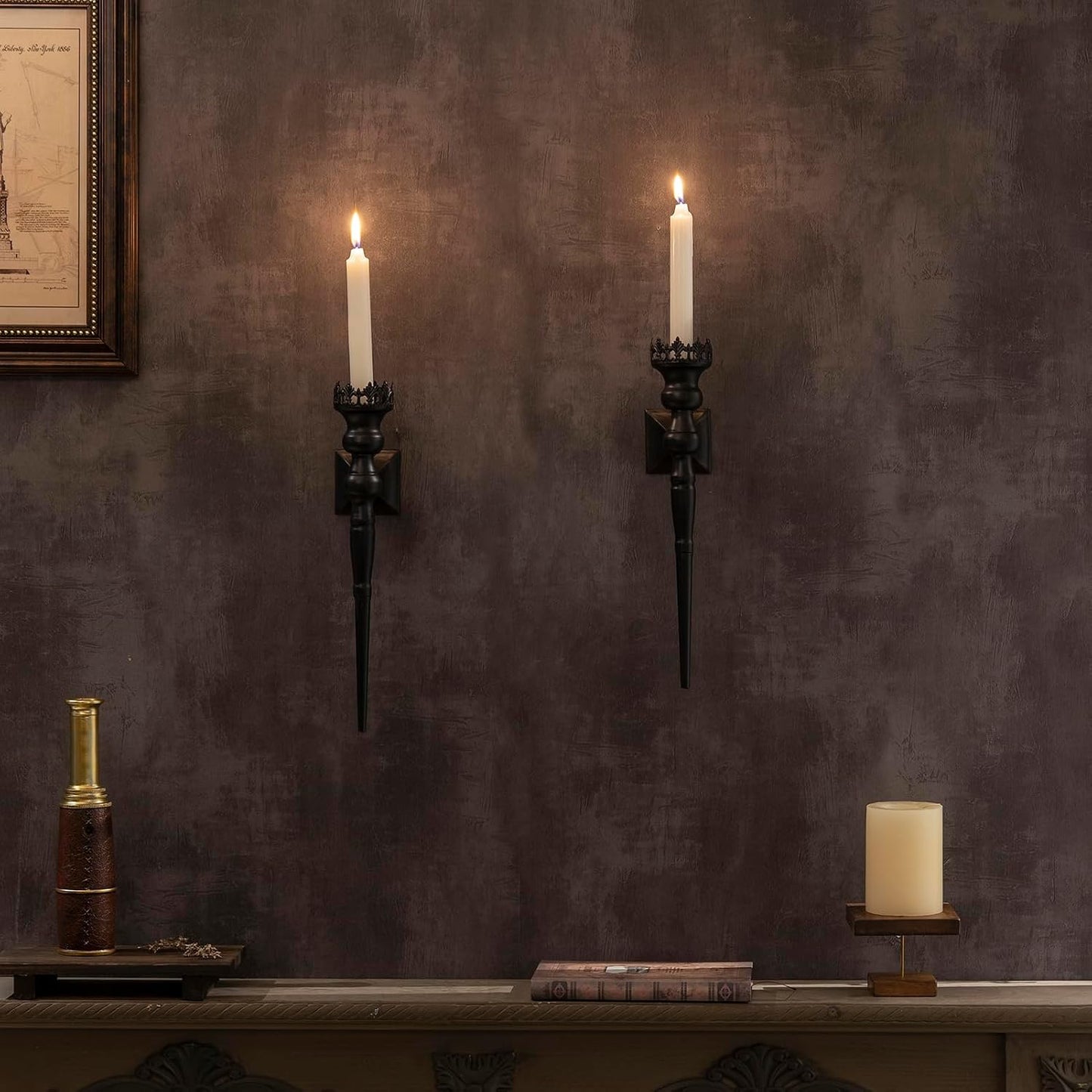 Gothic Wall Sconce Candle Holder for Taper Candles (Set of 2) Black Iron Crown and Scepter Design Victorian Wall Decor