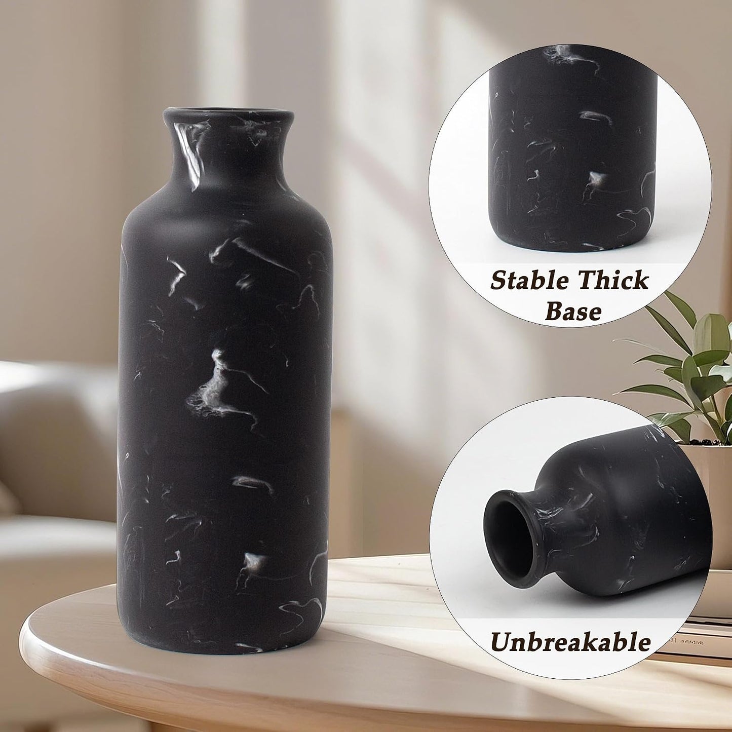 Resin 3 Piece Vase Set / Black Marble Look