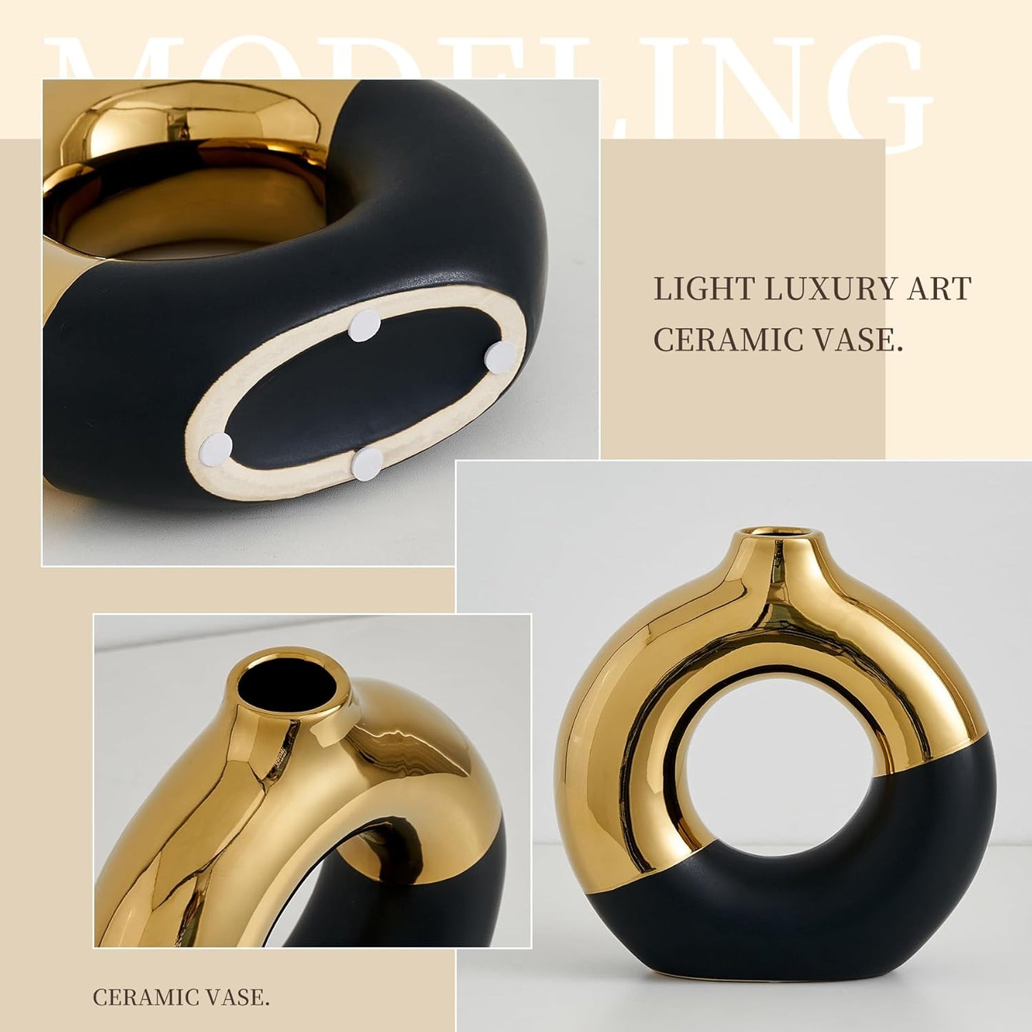 Ceramic Donut Vase / Black & Gold / Large
