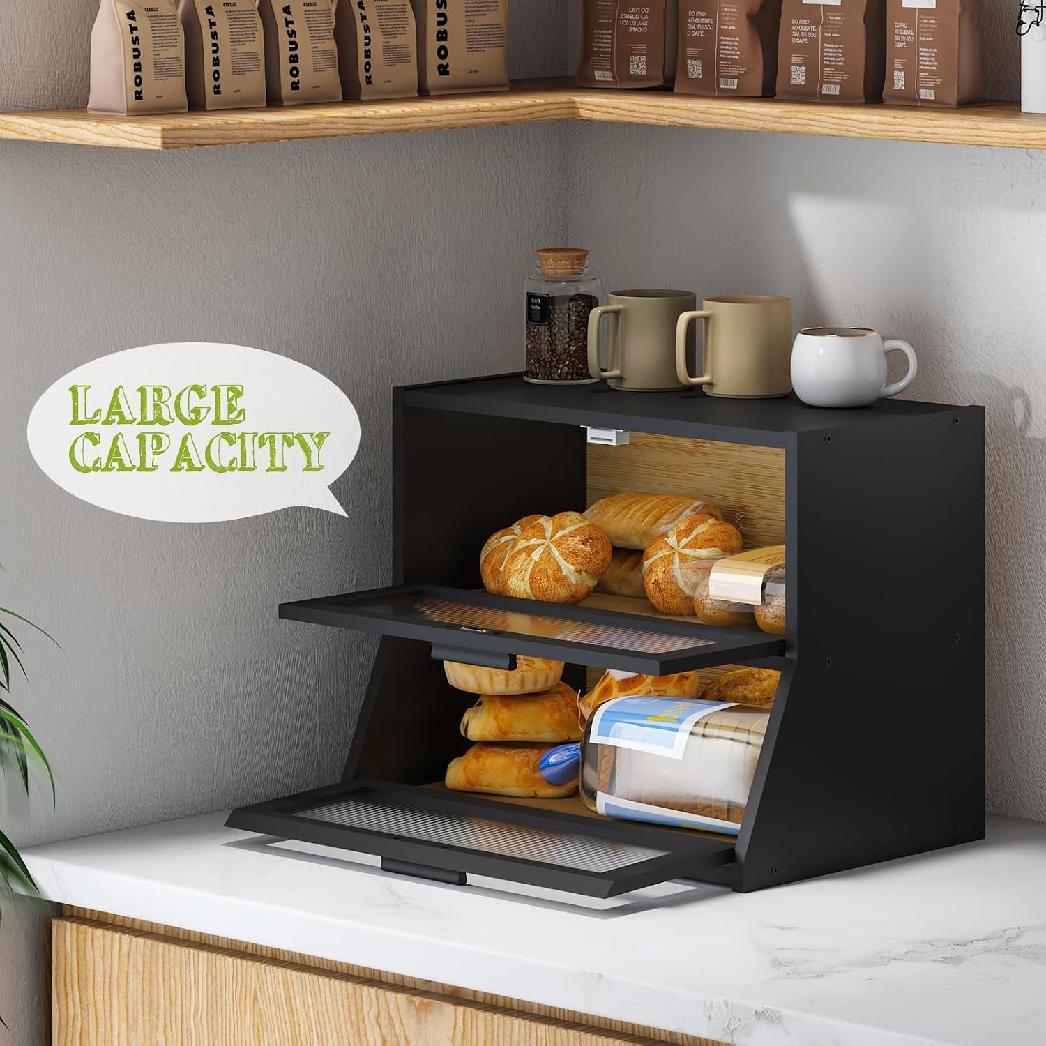 BMOSU Large Bread Box Double Layer Bamboo Bread Box for Kitchen Counter Container Farmhouse Bread Holder Capacity Bread