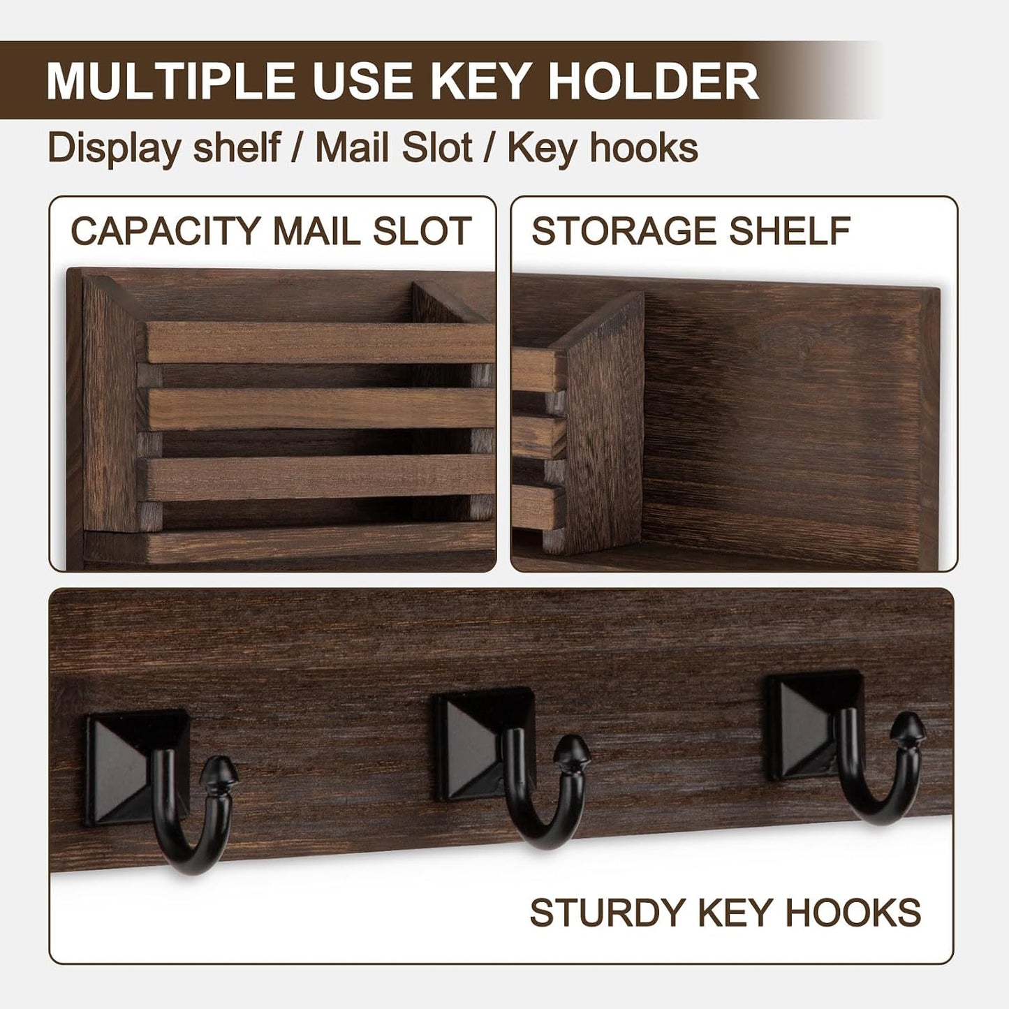 5 Square Rustic Key Hooks Key Shelf Farmhouse Home Decor / Brown