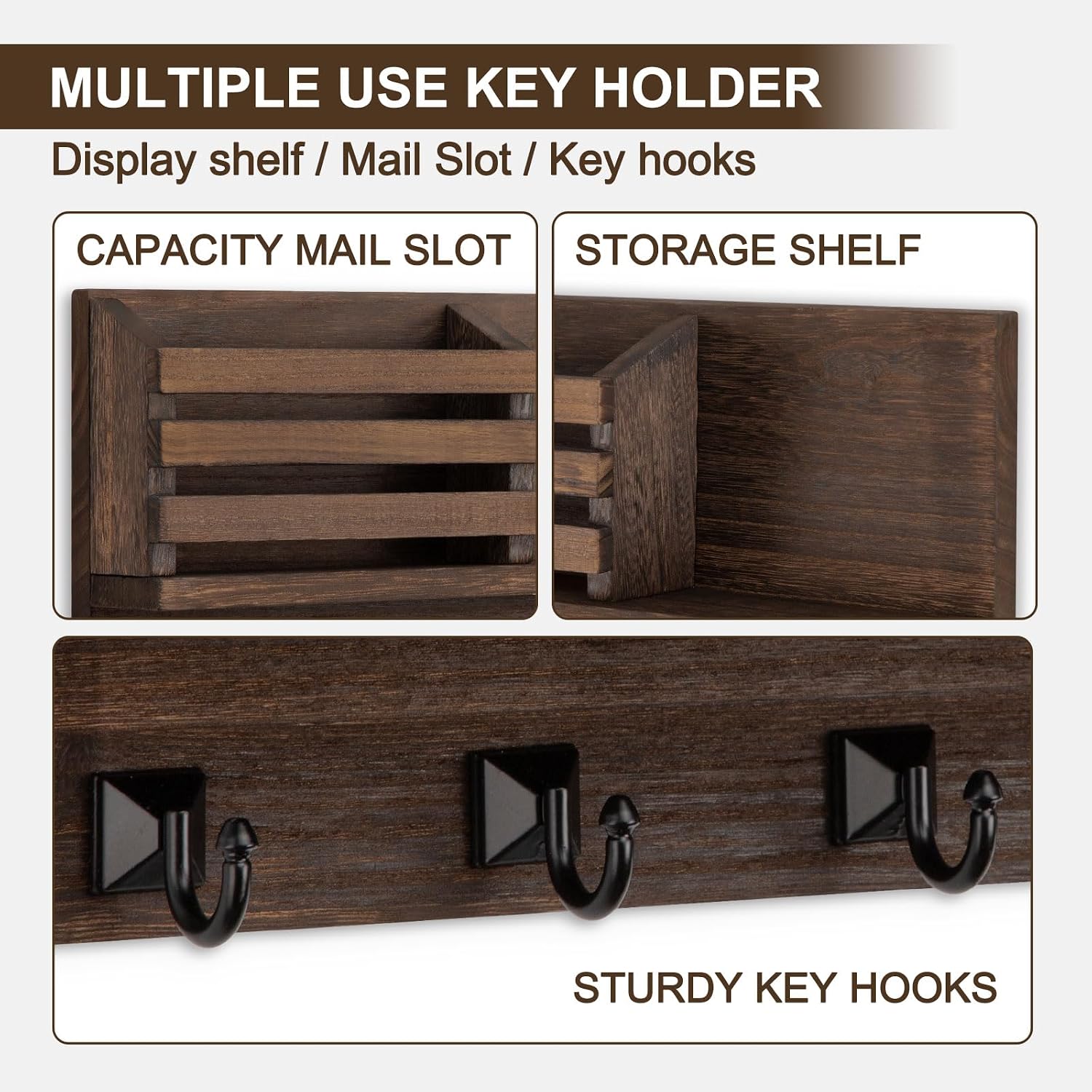 5 Square Rustic Key Hooks Key Shelf Farmhouse Home Decor / Brown