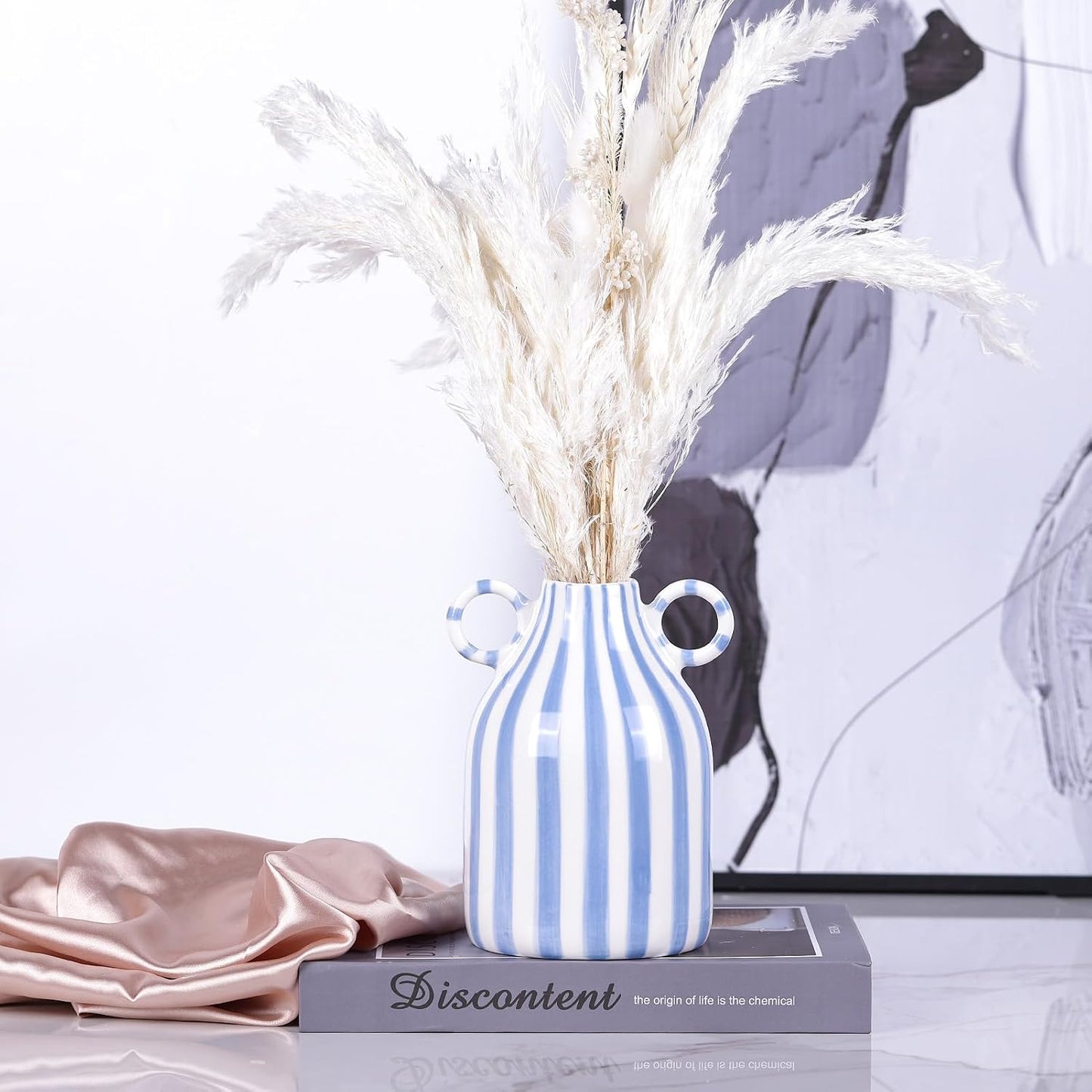 Ceramic Blue and White Striped Vase / Blue White