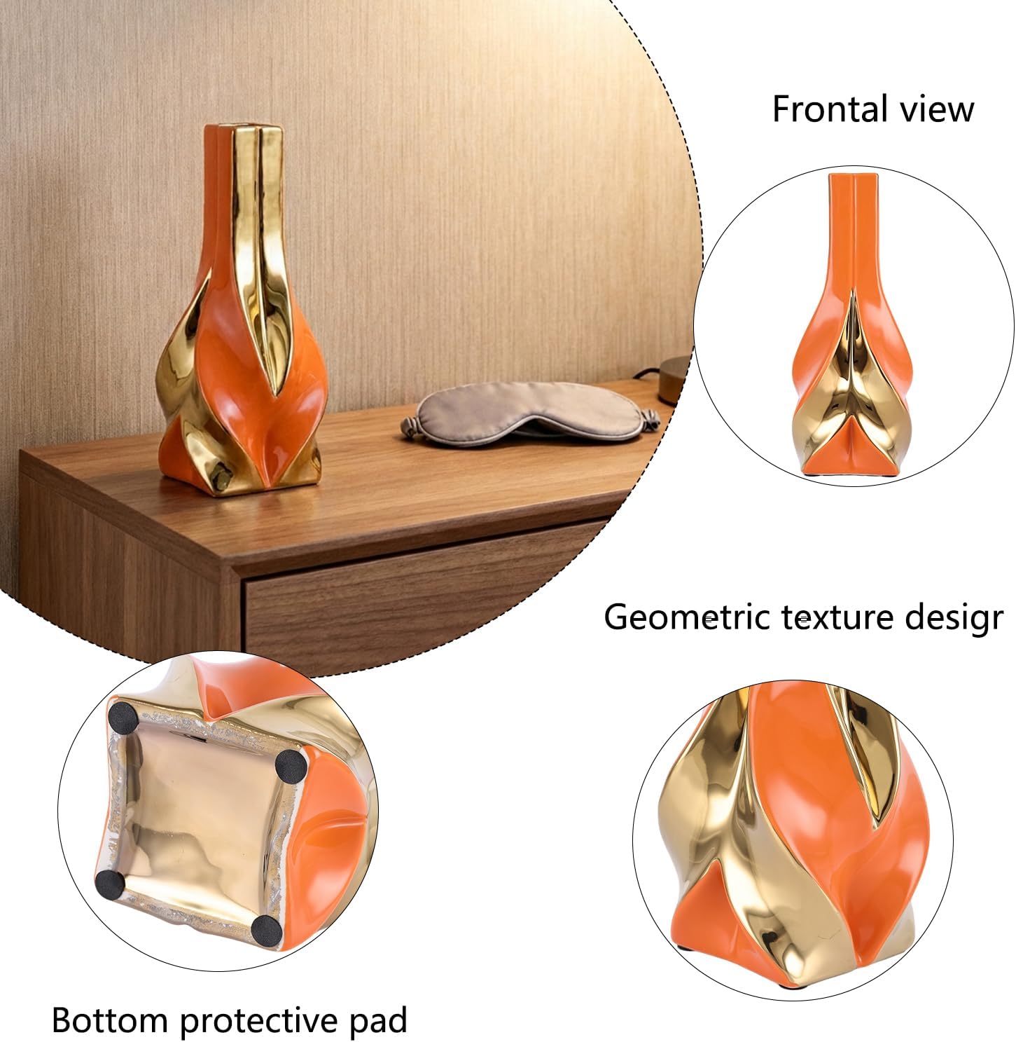 10.6" Orange and Gold Ceramic Vase / Orange Gold