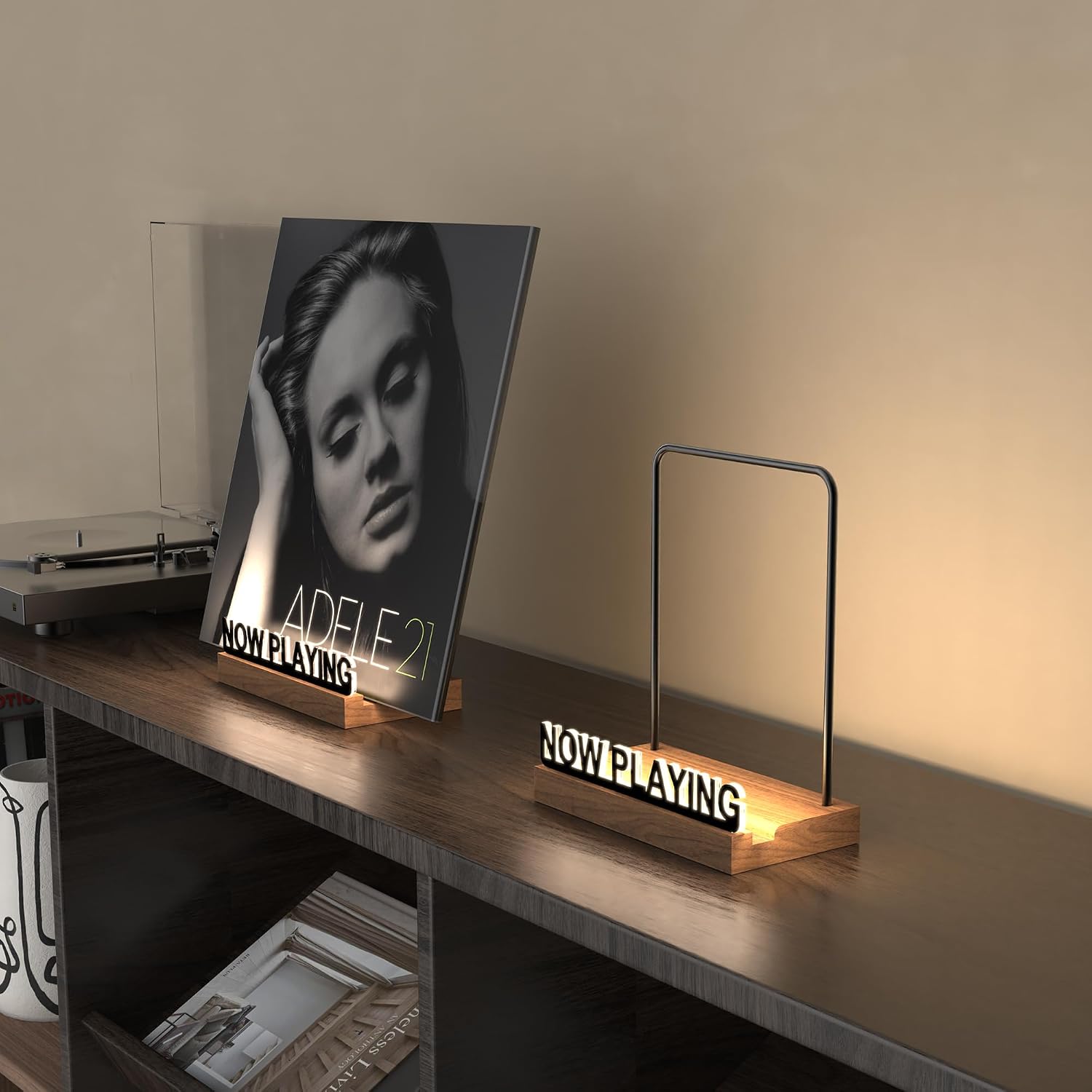 Now Playing Vinyl Record Stand, Light Up Vinyl Record Display Stand, Holder for Album Display Storage, Warm White Light