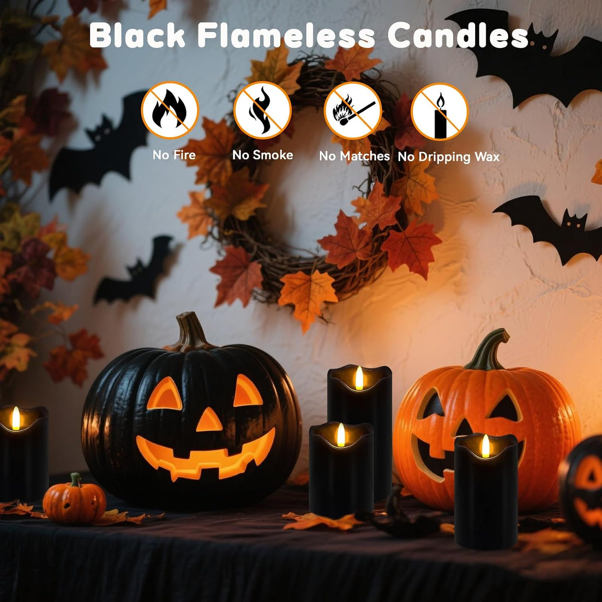 Black Flameless Candles Set of 3, Halloween LED Candles with Remote & Timer | Flickering Real Wax Pillar Candles