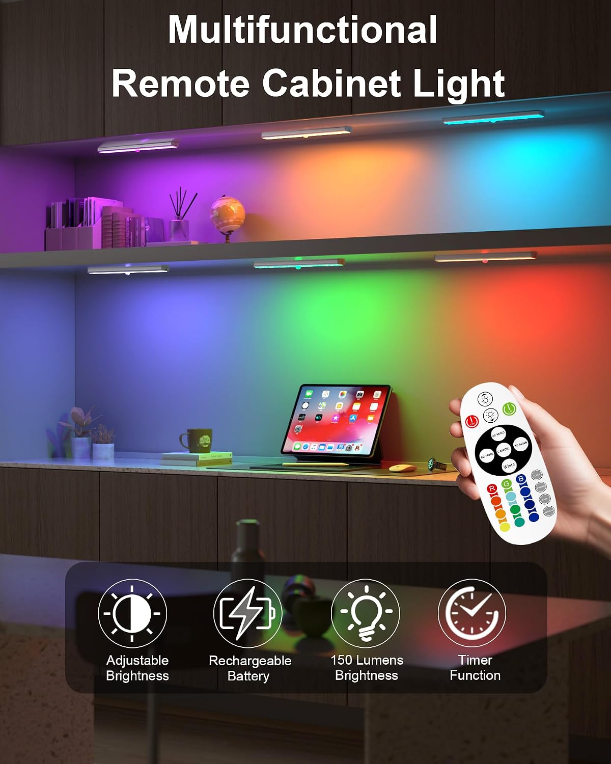 Under Cabinet Lights Wireless, 48-LED Under Cabinet Lighting Rechargeable, Closet Light with Timer & Dimmable, Under