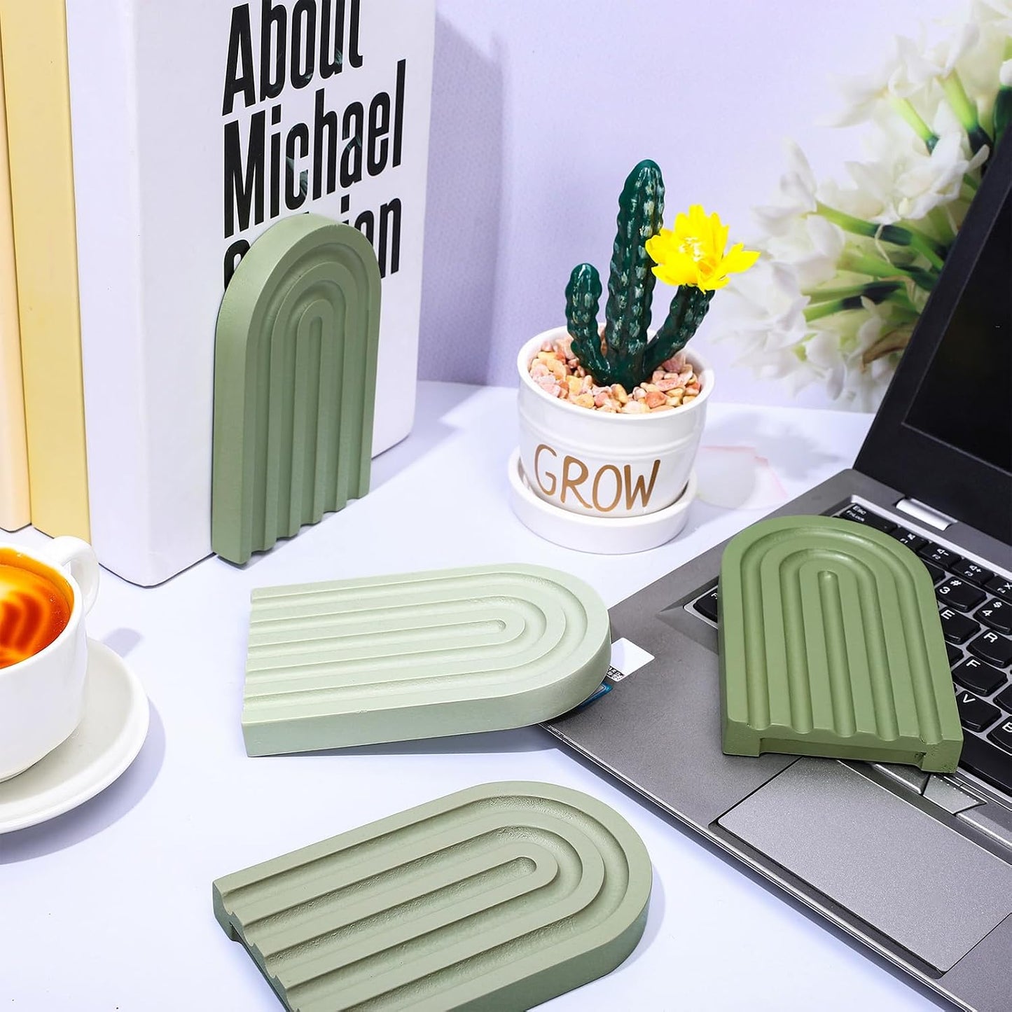 Boho Wooden Arch Bookends Rainbow Non-Skid Book Stoppers Study Decorative / Sage Green / Set of 4