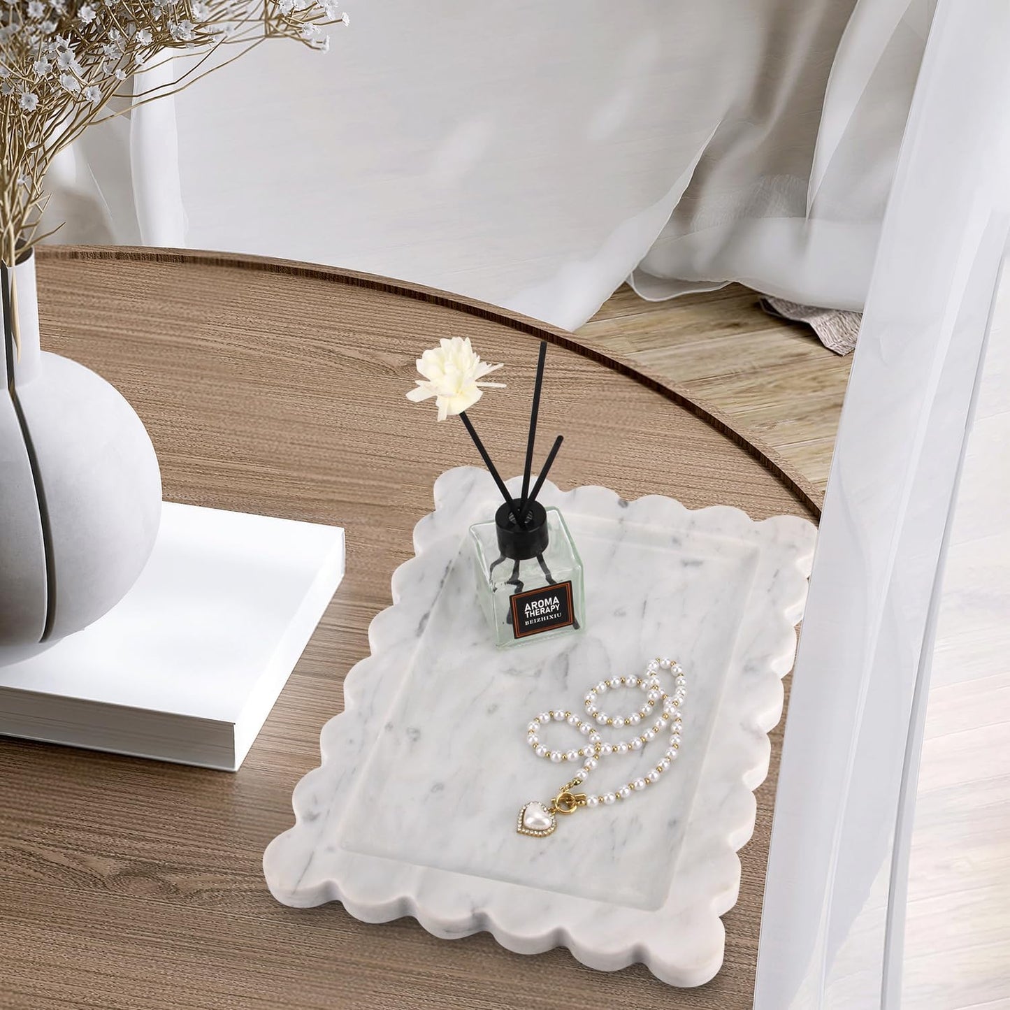 Scalloped Marble Decorative Tray / Carrara White / 10.8 x 8 x 1.2