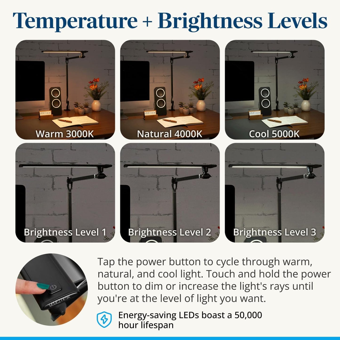 UPLIFTDESK E7 LED Desk Lamp - Adjustable 3 Color Modes, Dimmable Home Office Desk Light for Standing Desk, Dual
