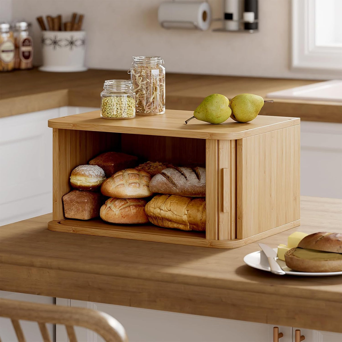 WOWLIVE Roll Top Bread Box for Kitchen Countertop, Bamboo Bread Storage | Airtight Bread Containers, Large Bread Bin