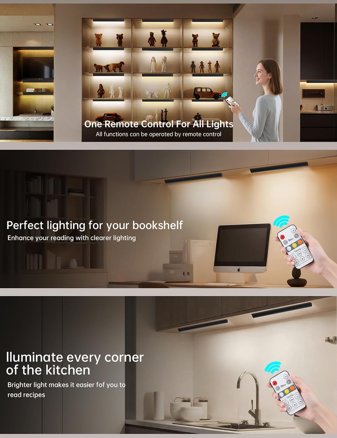 Under Cabinet Lighting Wireless, 2400mAh Rechargeable Cabinet Light, Battery Operated, Magnetic, Stick on, 106 LED