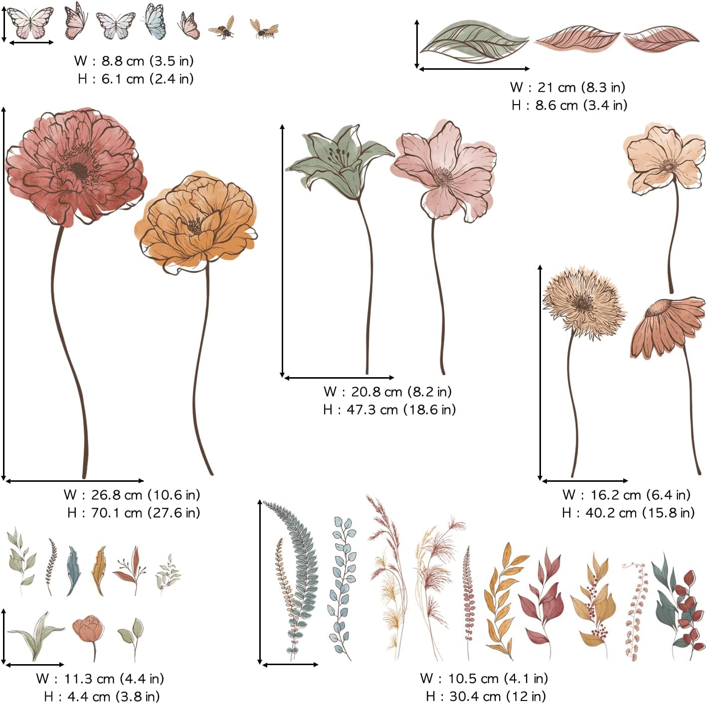 Boho Flowers Wall Decals Peel and Stick Wildflower Floral Dandelion Grass Plants for Baby Nursery