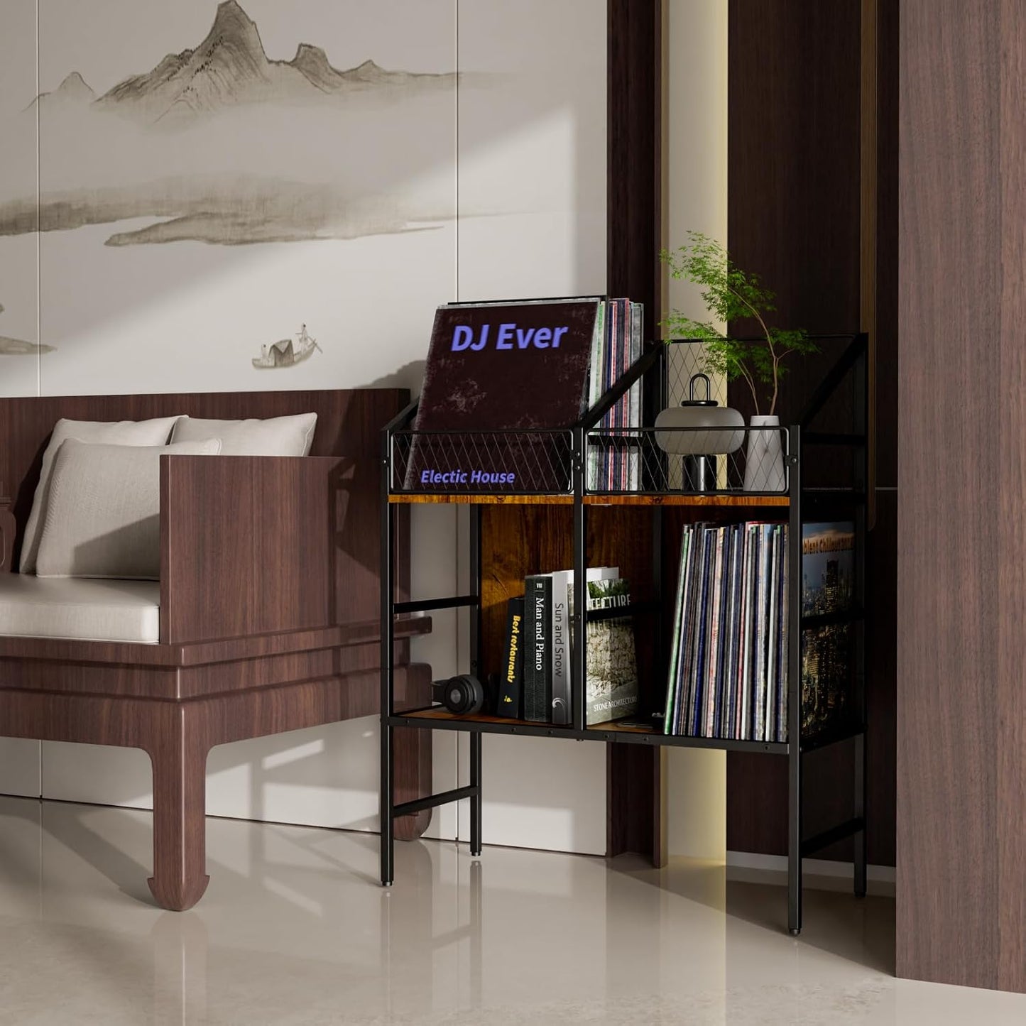 EYOCAL Vinyl Record Holder Storage Rack,200 LP Wooden Record Display Table for Albums Books Magazines Files for Living