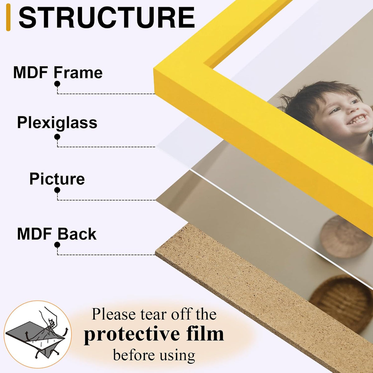 decorUhome Yellow Triple 8x10 Picture Frame Vertical, MDYL08 | "Z" Shape Folding Design Engineered Wood Trifold Photo
