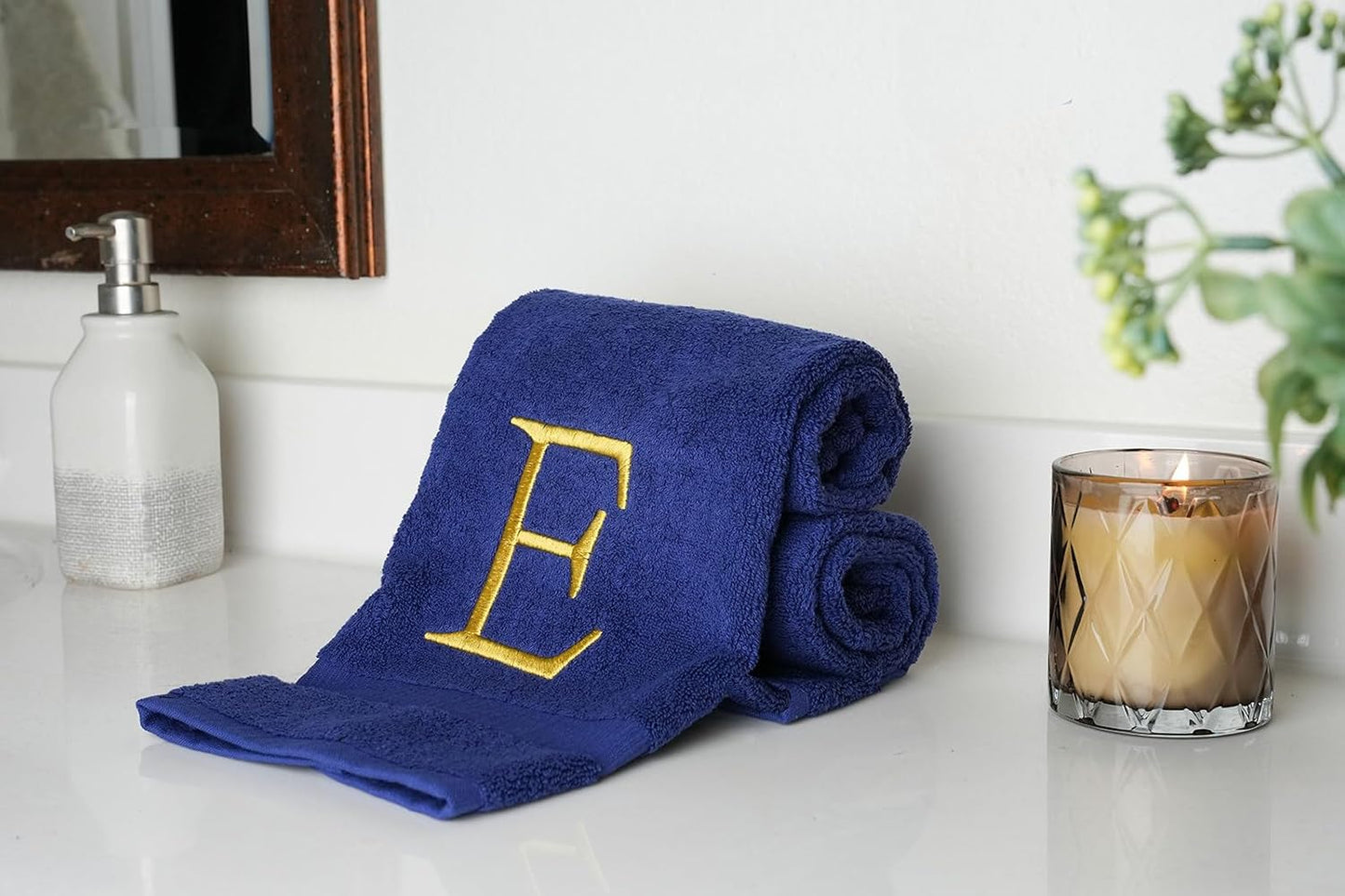 Navy with Gold Monogrammed Hand Towels for Bathroom - Set of 2 Letter E | Luxury Hotel Quality Initial Towels For