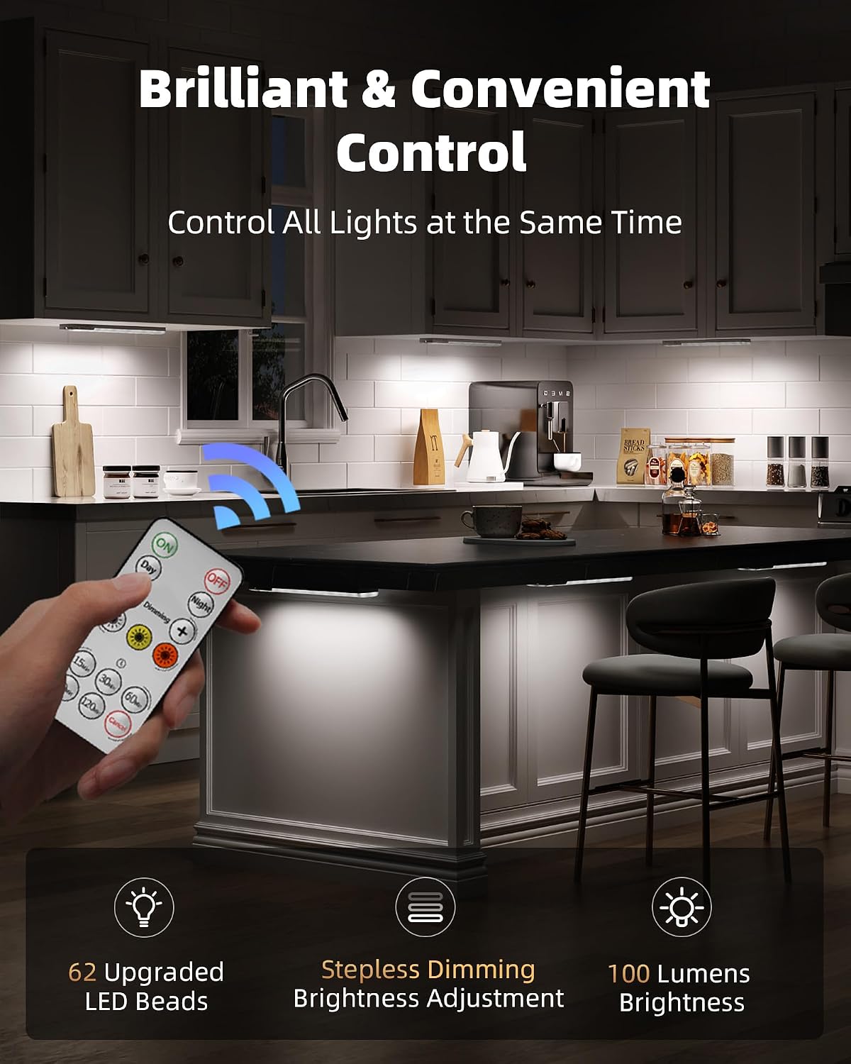 EZVALO 6-Pack Under Cabinet Lighting, 2000mAh Rechargeable Wireless Motion Sensor Lights, 62LEDs, 3 Color Temps