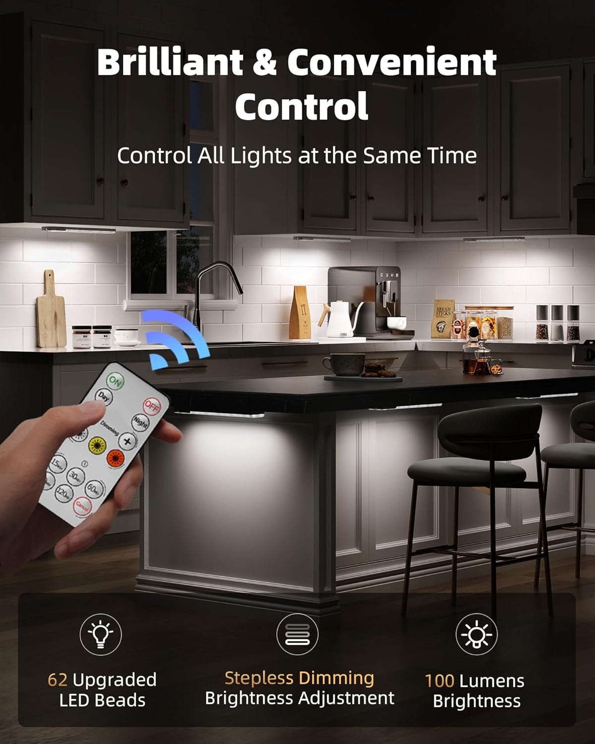 EZVALO 3-Pack Under Cabinet Lighting with Charging Station, 1800mAh Rechargeable Wireless Motion Sensor Lights, 3 Color