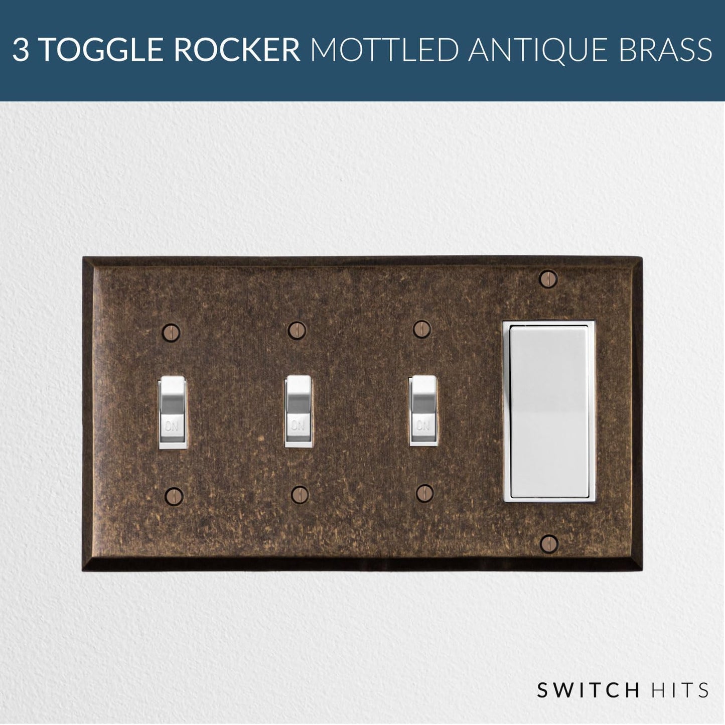 Triple Light Switch Plate Outlet Cover GFCI Wall Plate | 3 Toggle - 1 Rocker Mottled Antique Brass Electrical Faceplate