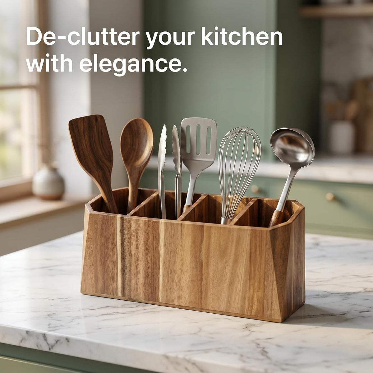 Extra Large Kitchen Utensil Holder for Countertop – Acacia Wood Utensil Holder with 4 Compartments, Beveled Edges