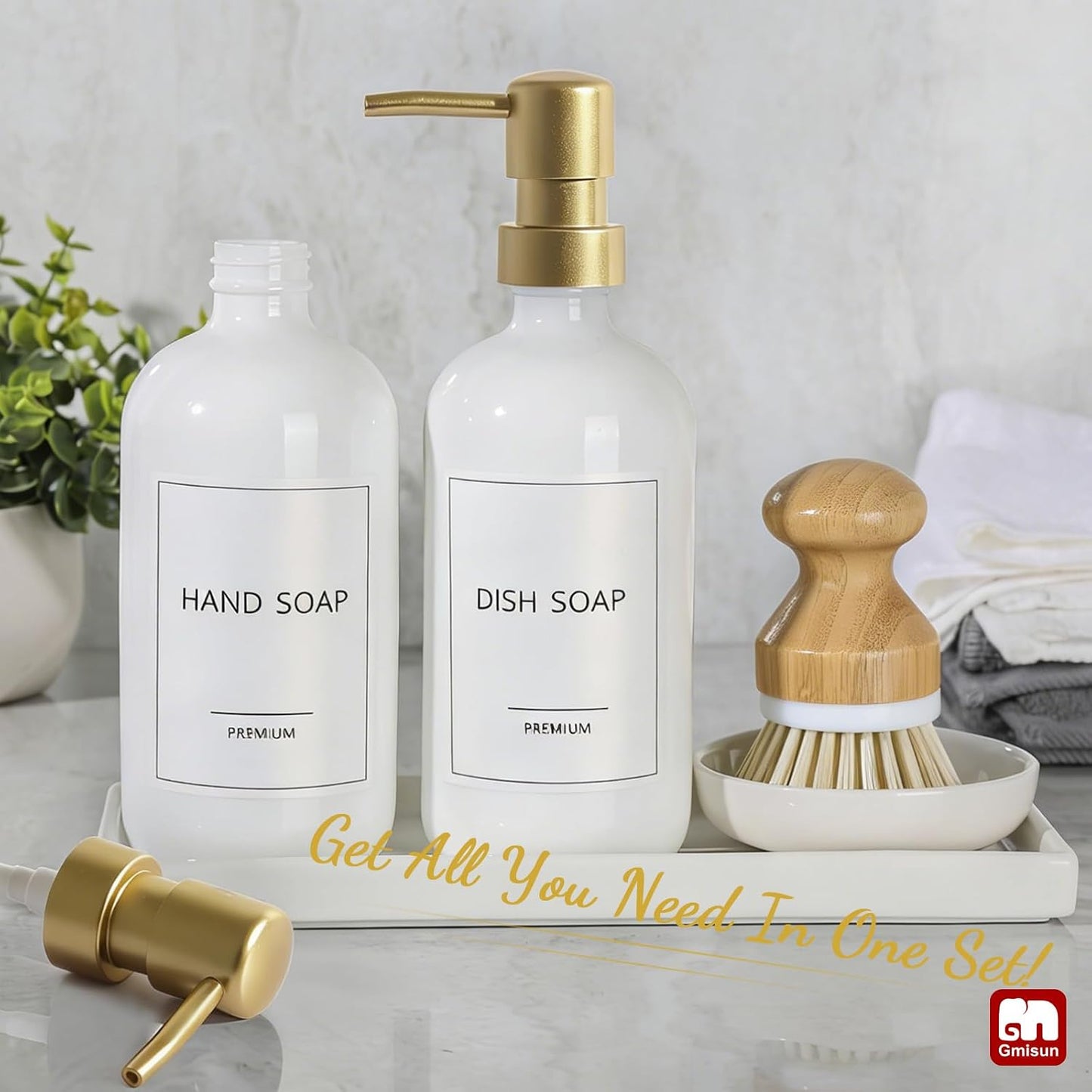 GMISUN Kitchen Soap Dispenser, 16 Oz Kitchen Dish Soap Dispenser Set with Ceramic Tray & Bamboo Brush, 2Pcs Farmhouse