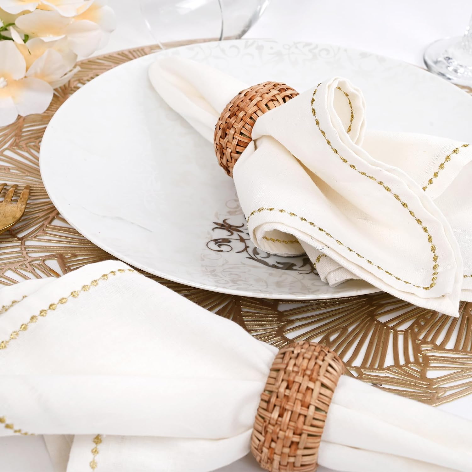 Woven Jute Napkin Rings, Set of 12, Natural Rattan | Handmade rattan, plastic base, 2.5x2.5x1 in each, set of 12