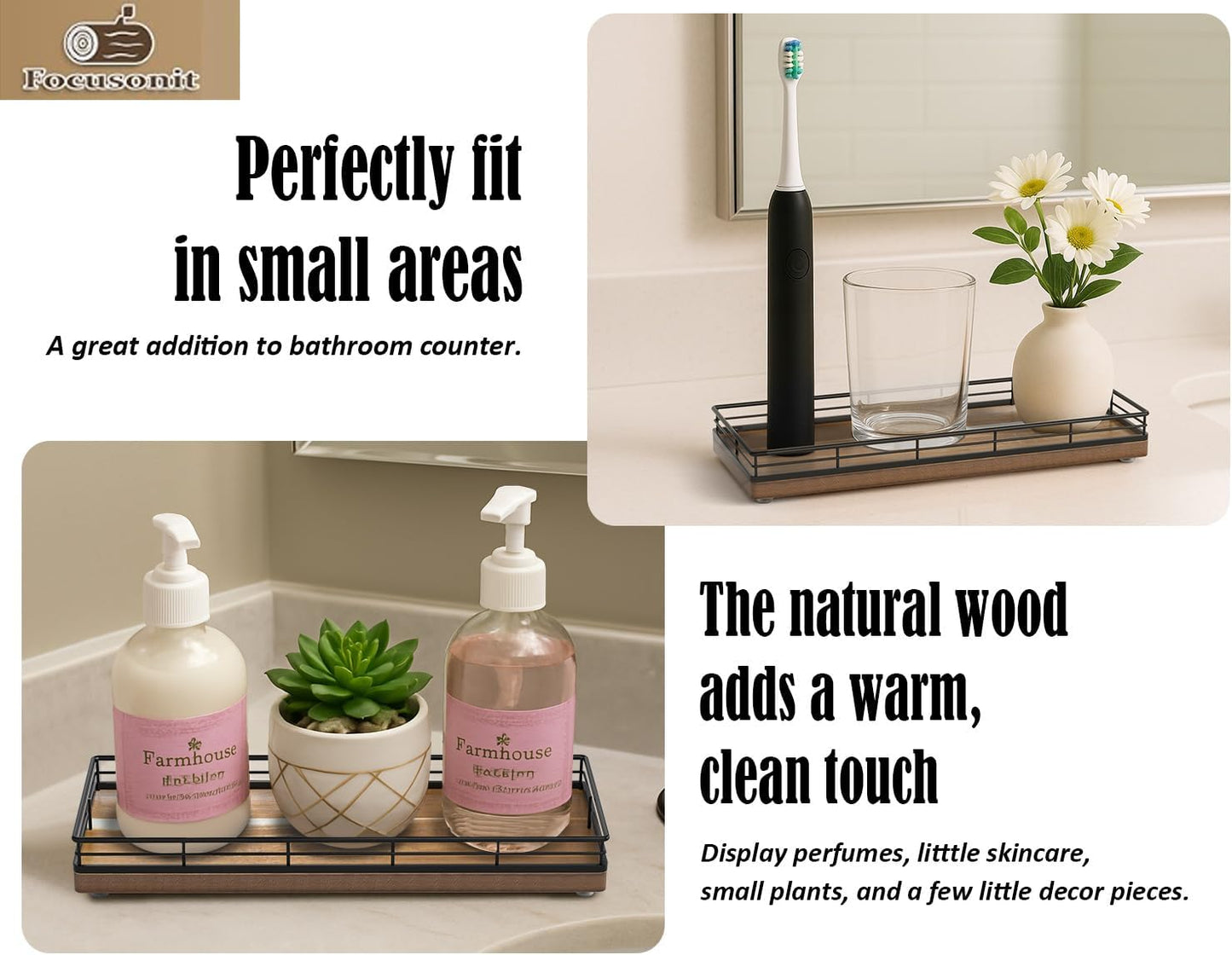 Wood Bathroom Vanity Tray / Acacia / 11 x 4.3 x 1.5